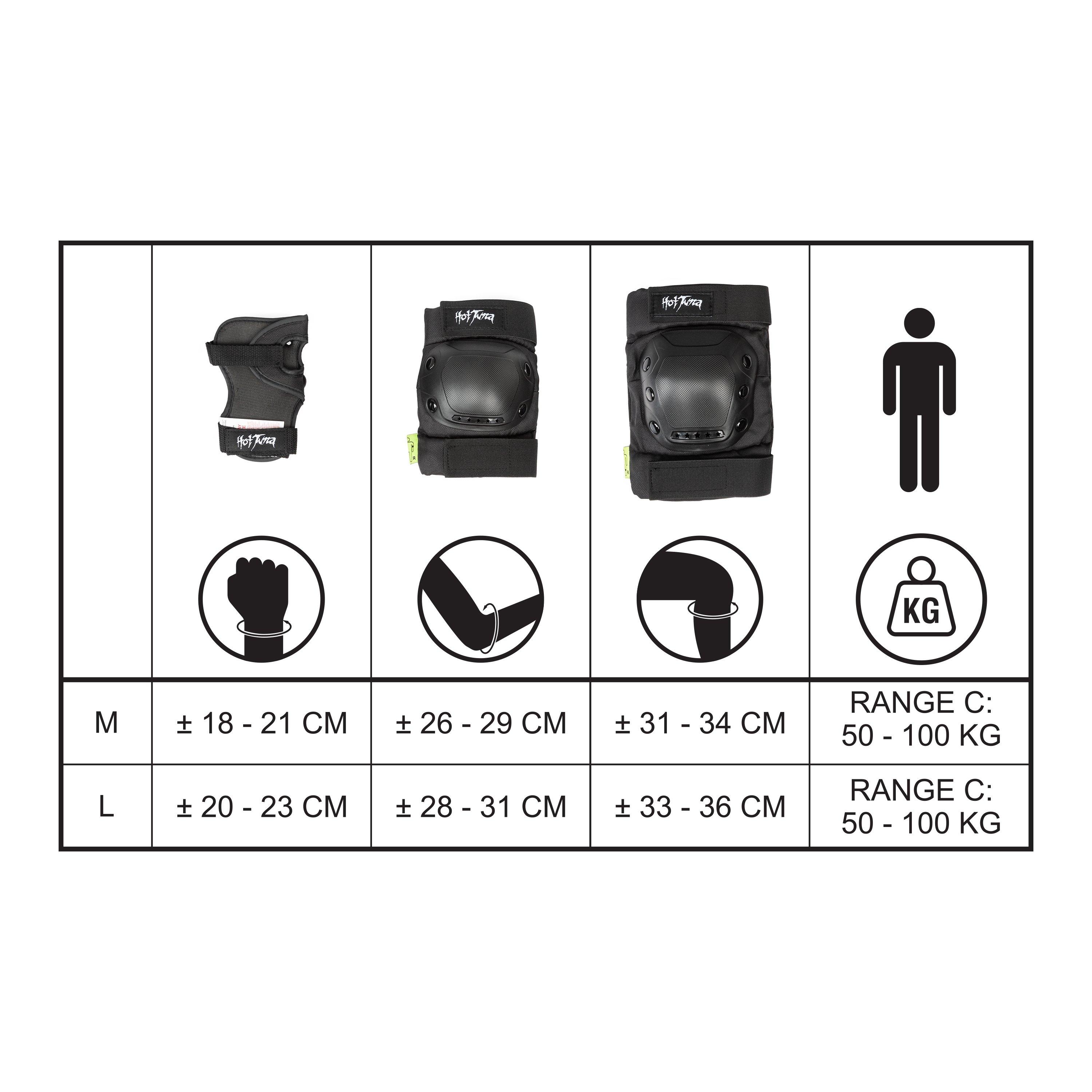 Black - Hot Tuna - Skate Protector 3pc Set - Knee Pads Elbow Pad and Wrist Guards - 3