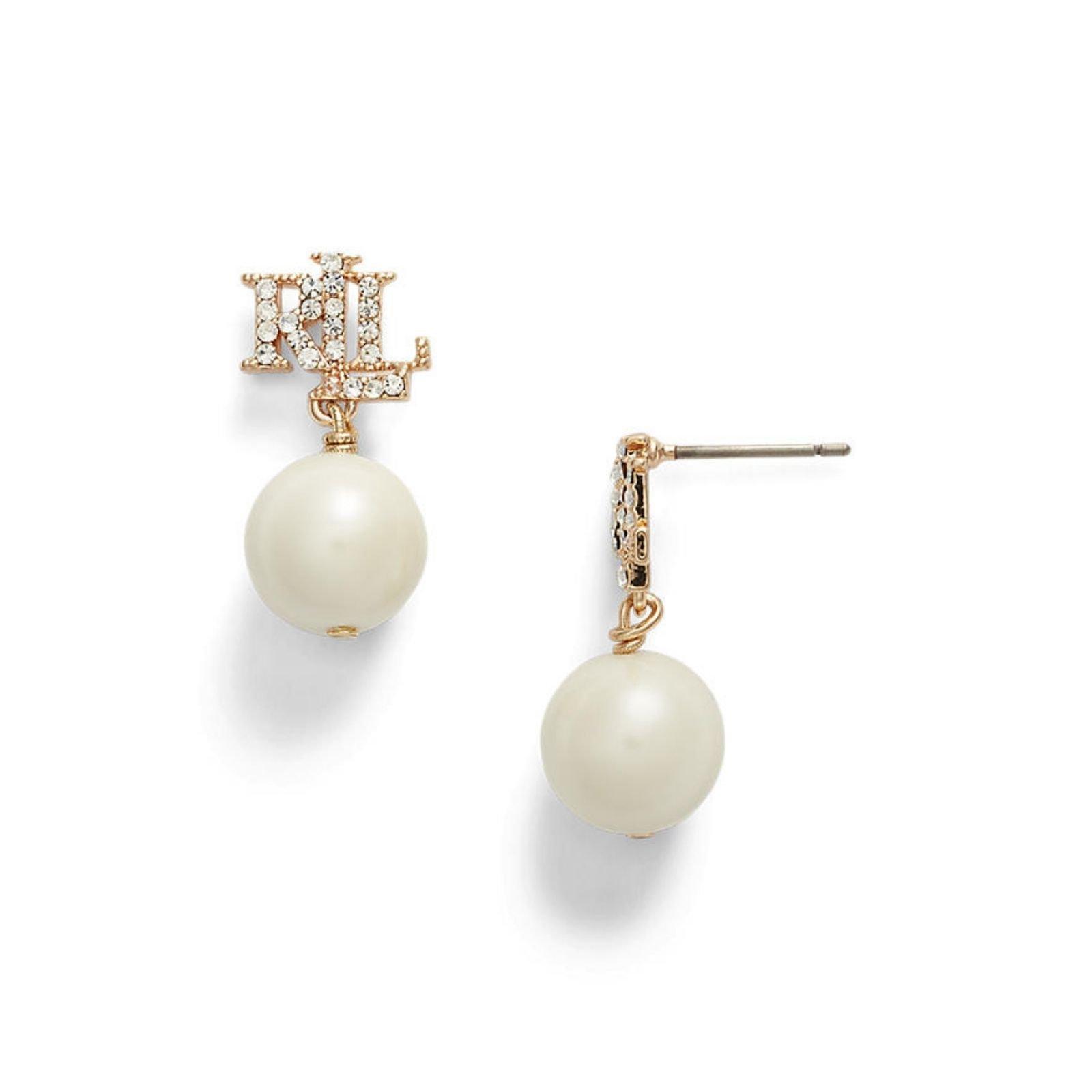 Pearl/Gold - Lauren Ralph Lauren - Lauren Ralph Lauren Gold Pave Logo Pearl Drop Earrings - 2