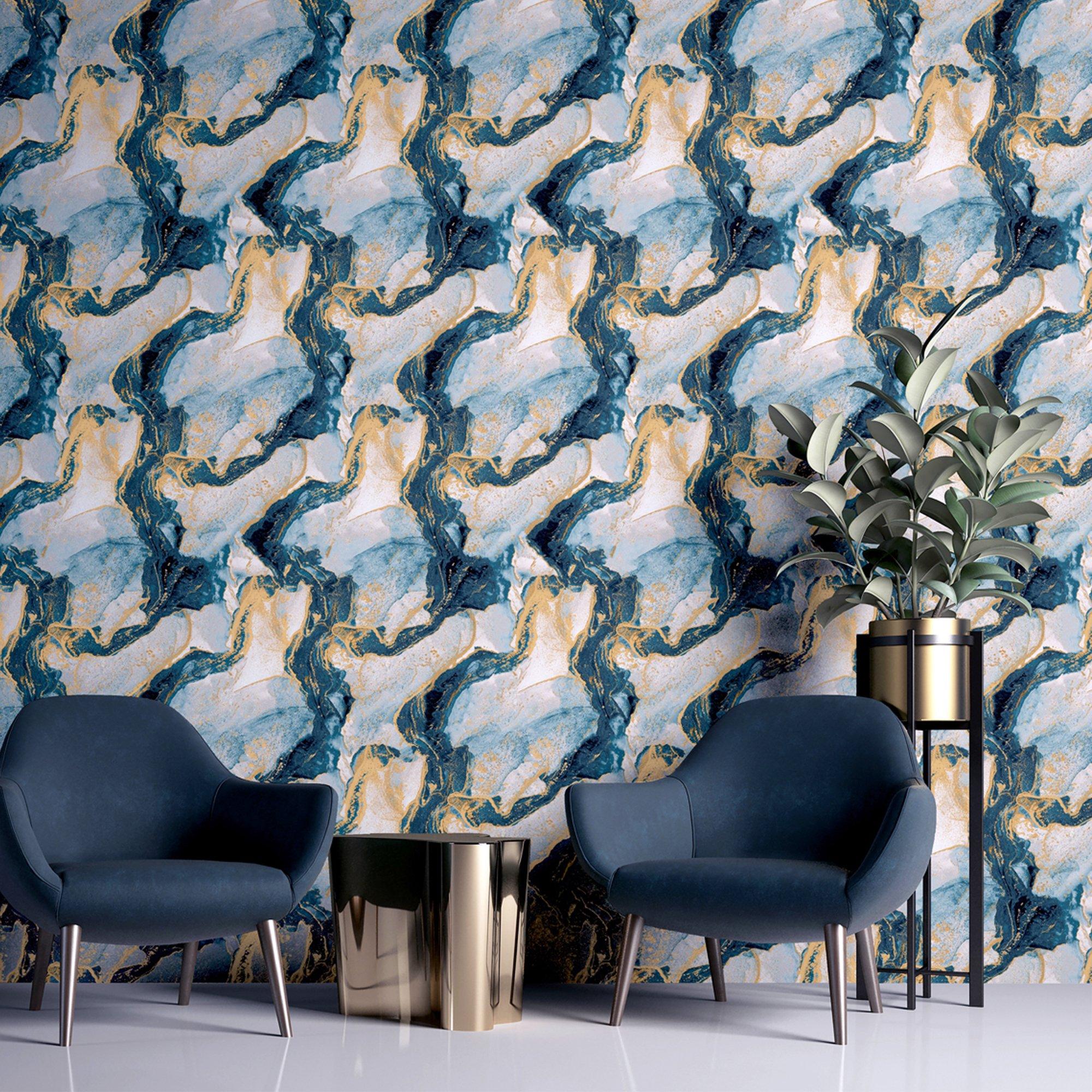 Blue - Arthouse - Abstract Marble Teal/Gold sw12 - 7