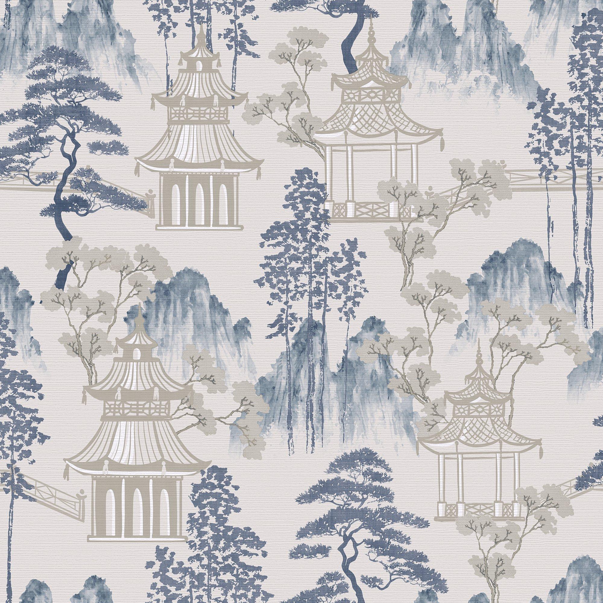 Blue & White/Of - Arthouse - Japanese Pagoda Blue Grey Wallpaper - 1