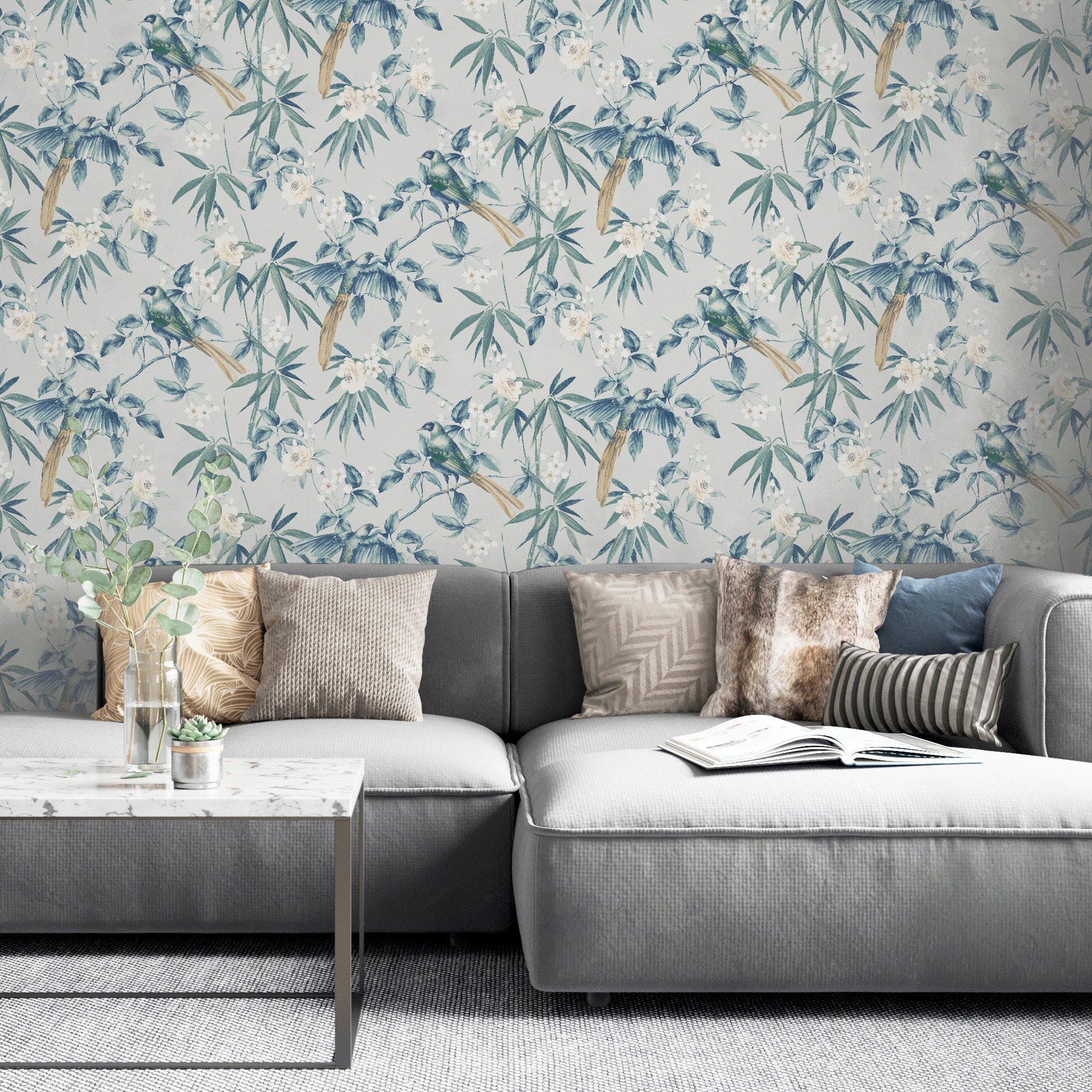 Grey & Blue - Arthouse - Oriental Floral Birds Grey/Blue sw12 - 2