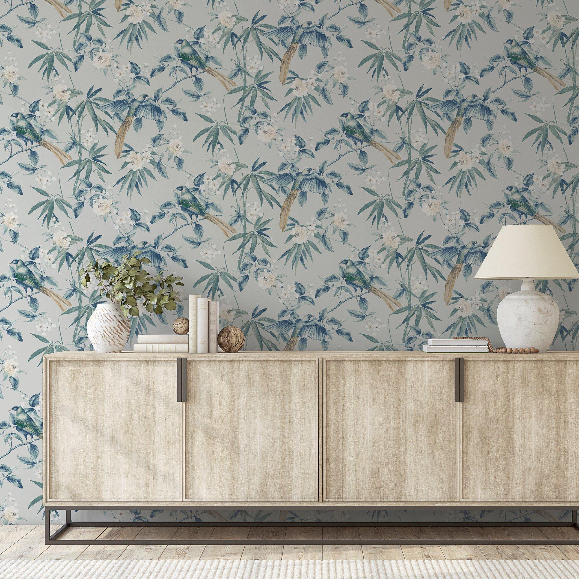 Grey & Blue - Arthouse - Oriental Floral Birds Grey/Blue sw12 - 6