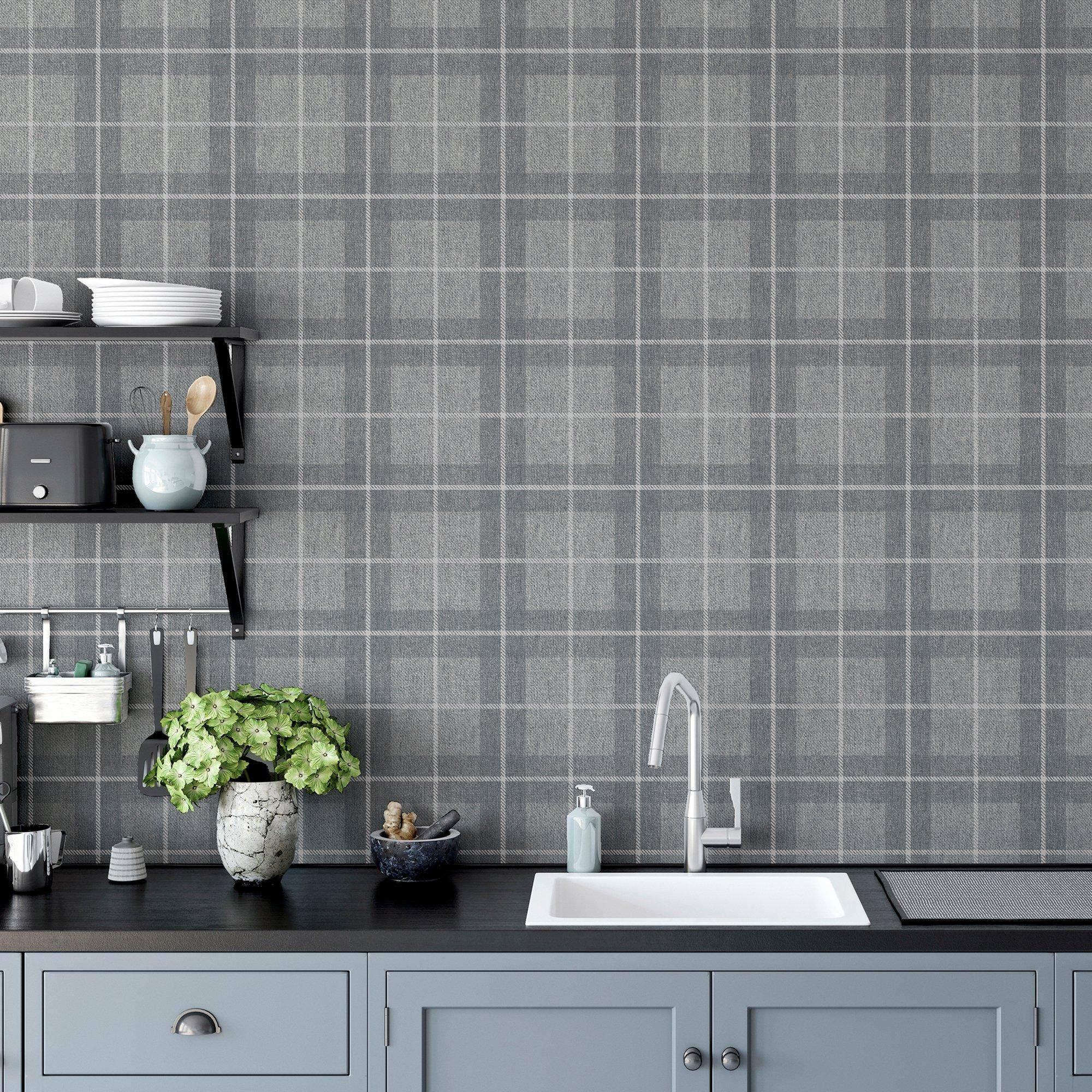 Grey & Silver - Arthouse - Heritage Check Grey/Silver sw12 - 4