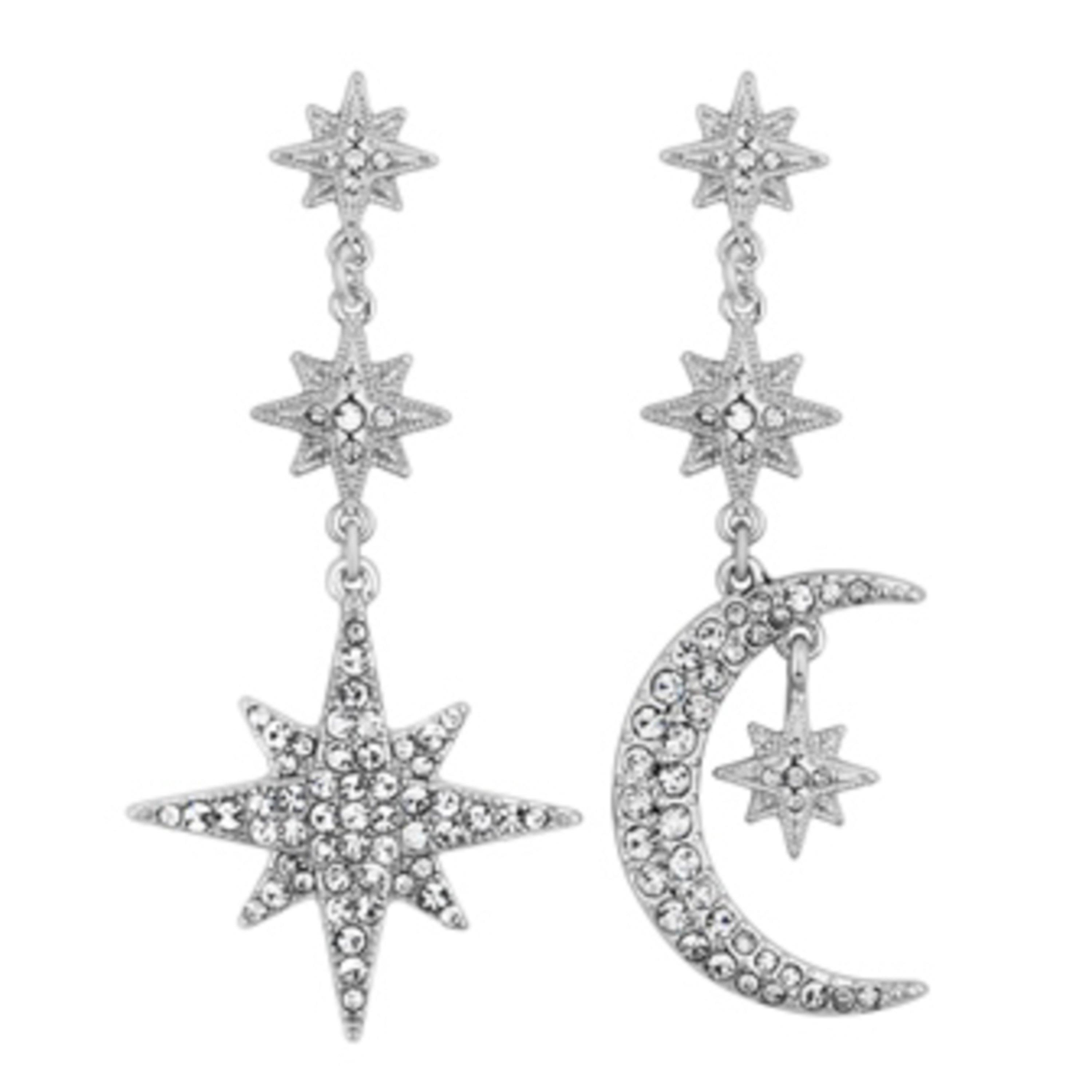 Silver - Mood - Silver Crystal Star And Moon Mis-Match Earrings - 1