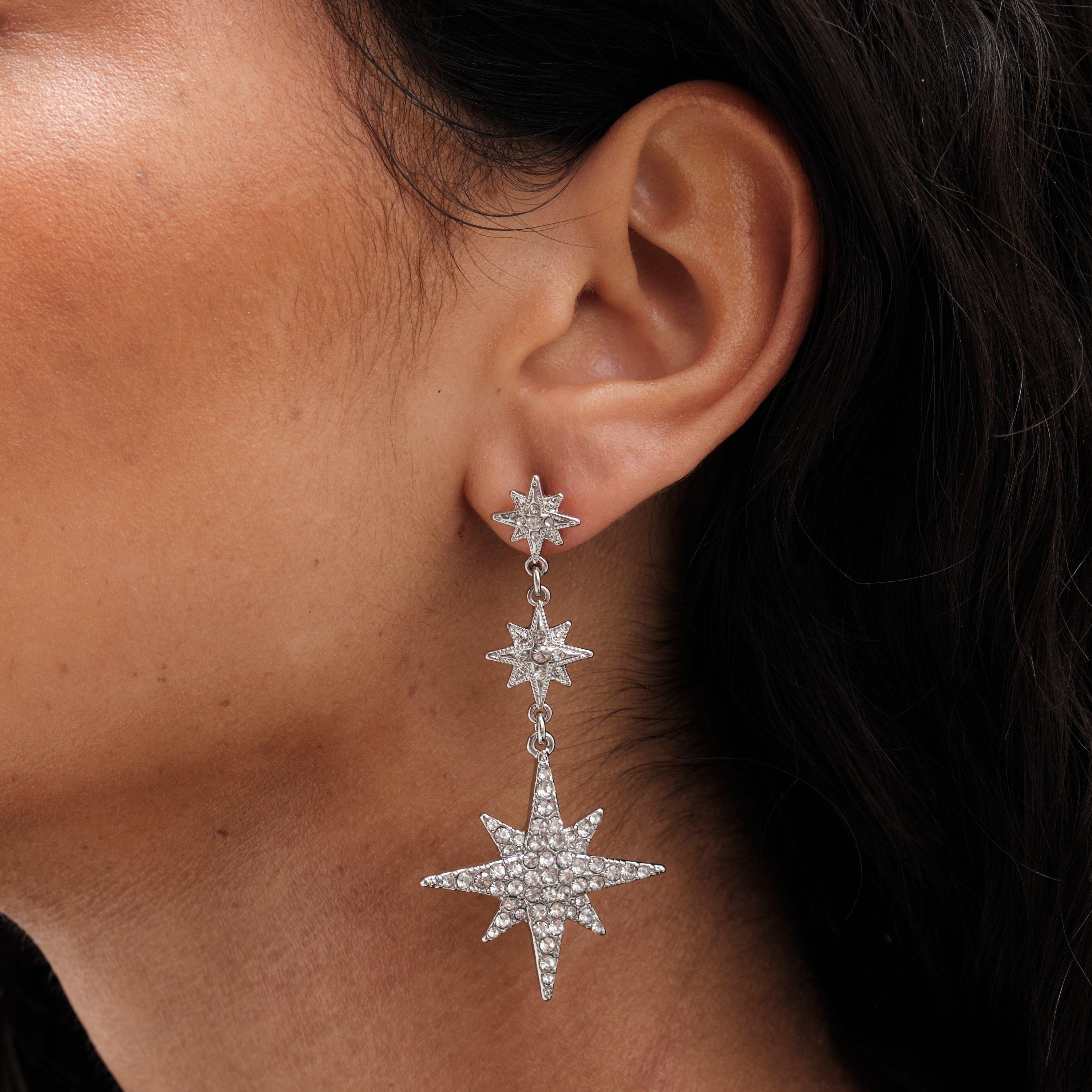 Silver - Mood - Silver Crystal Star And Moon Mis-Match Earrings - 2