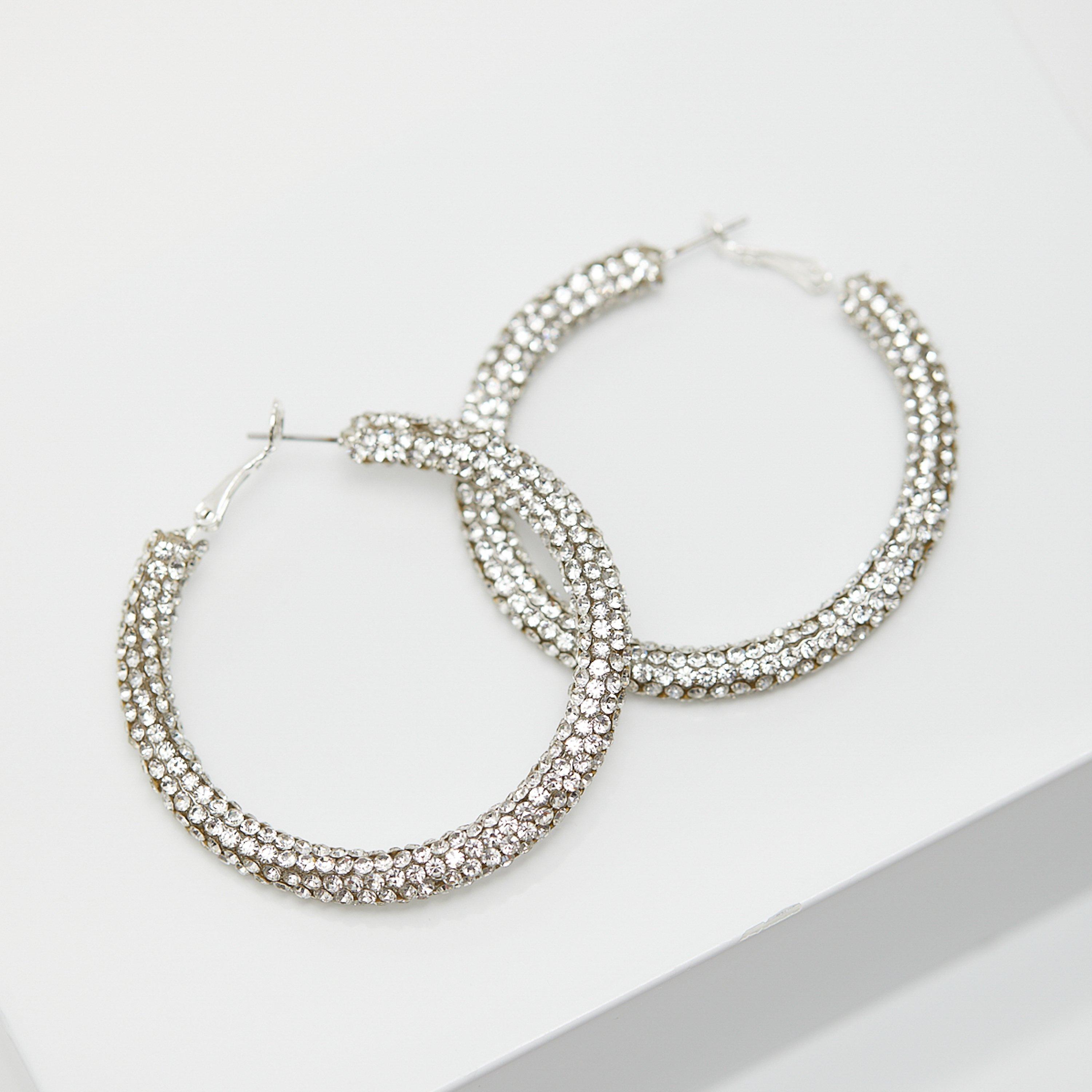 Silver - Mood - Silver Crystal Diamante Tube Hoop Earrings - 2