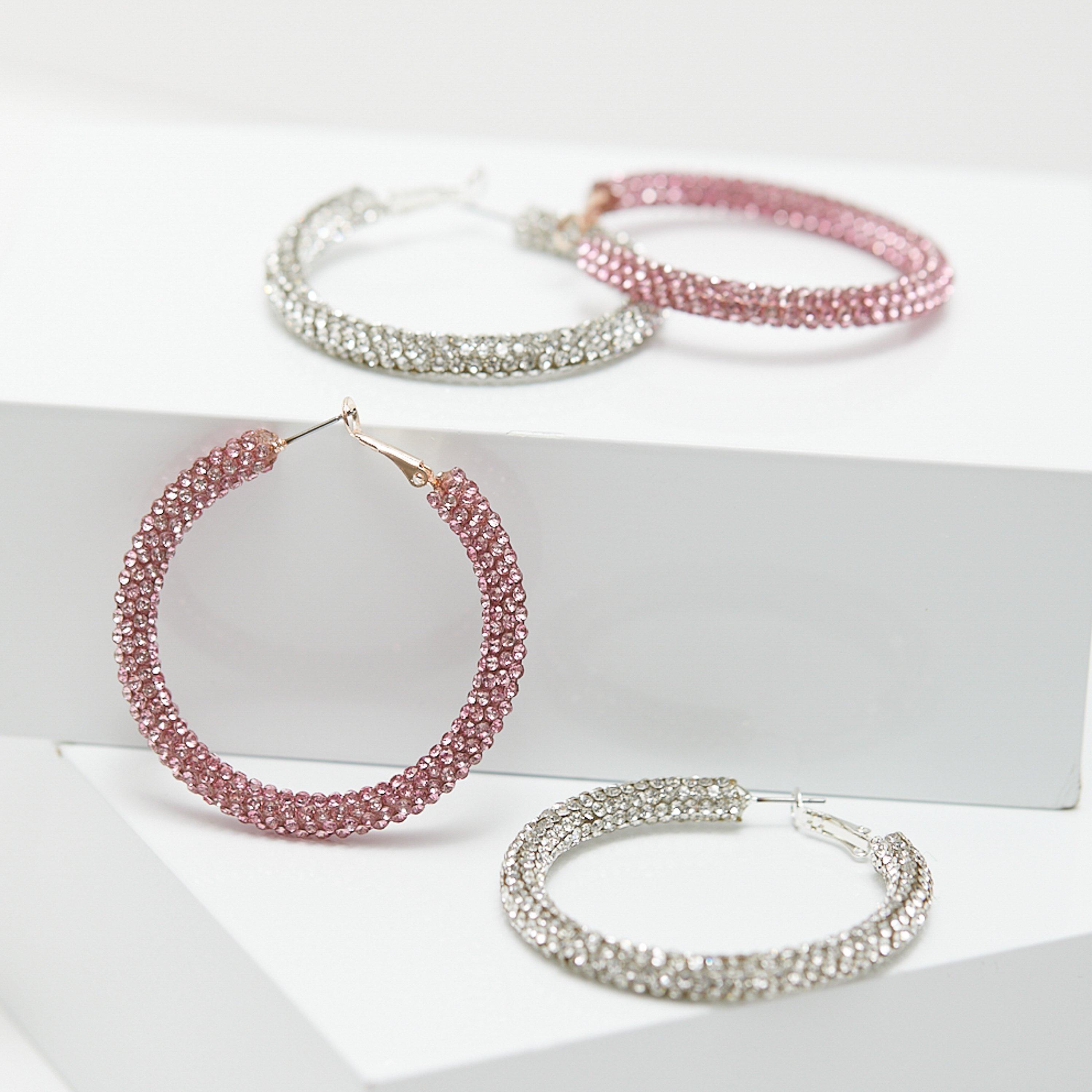 Silver - Mood - Silver Crystal Diamante Tube Hoop Earrings - 3
