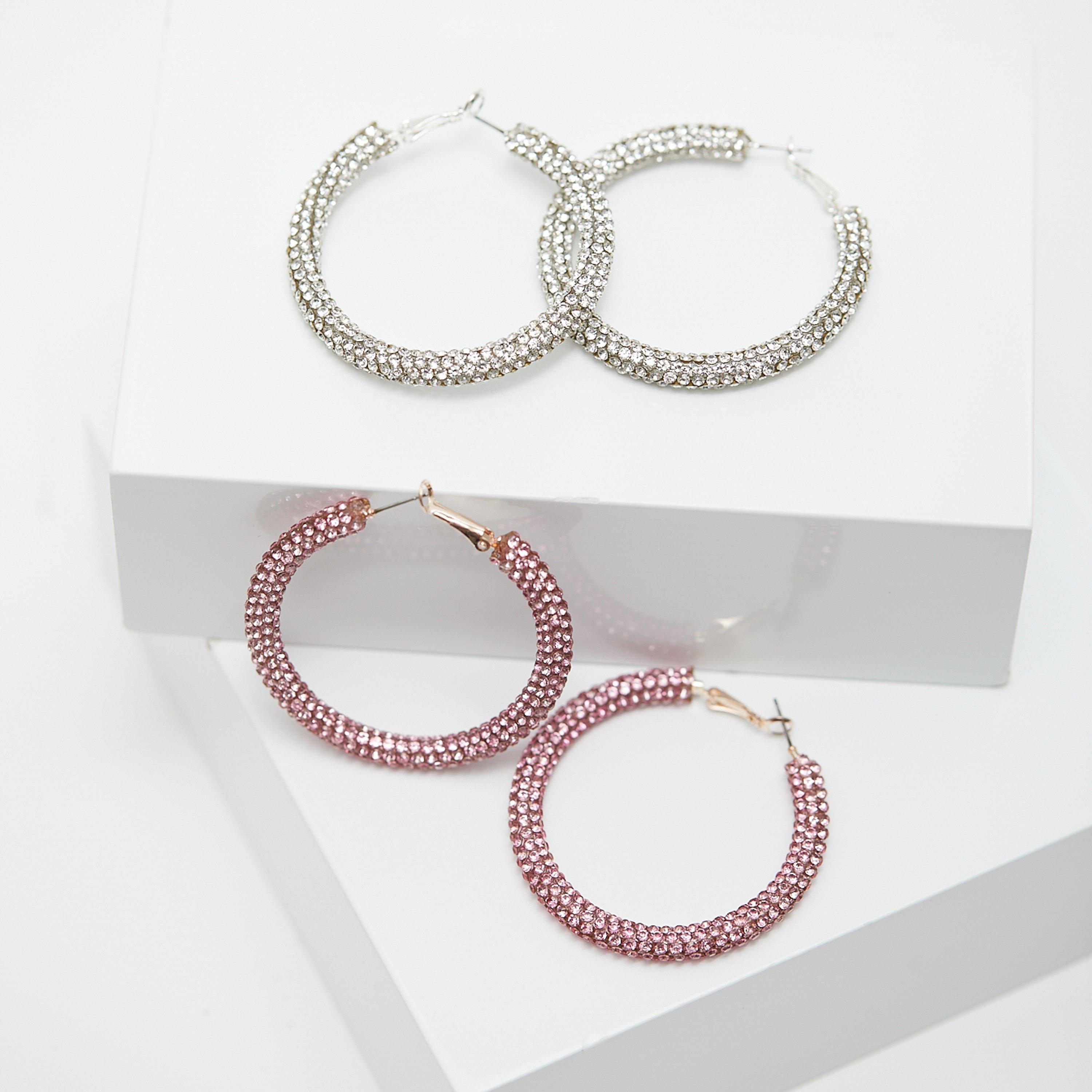 Silver - Mood - Silver Crystal Diamante Tube Hoop Earrings - 4