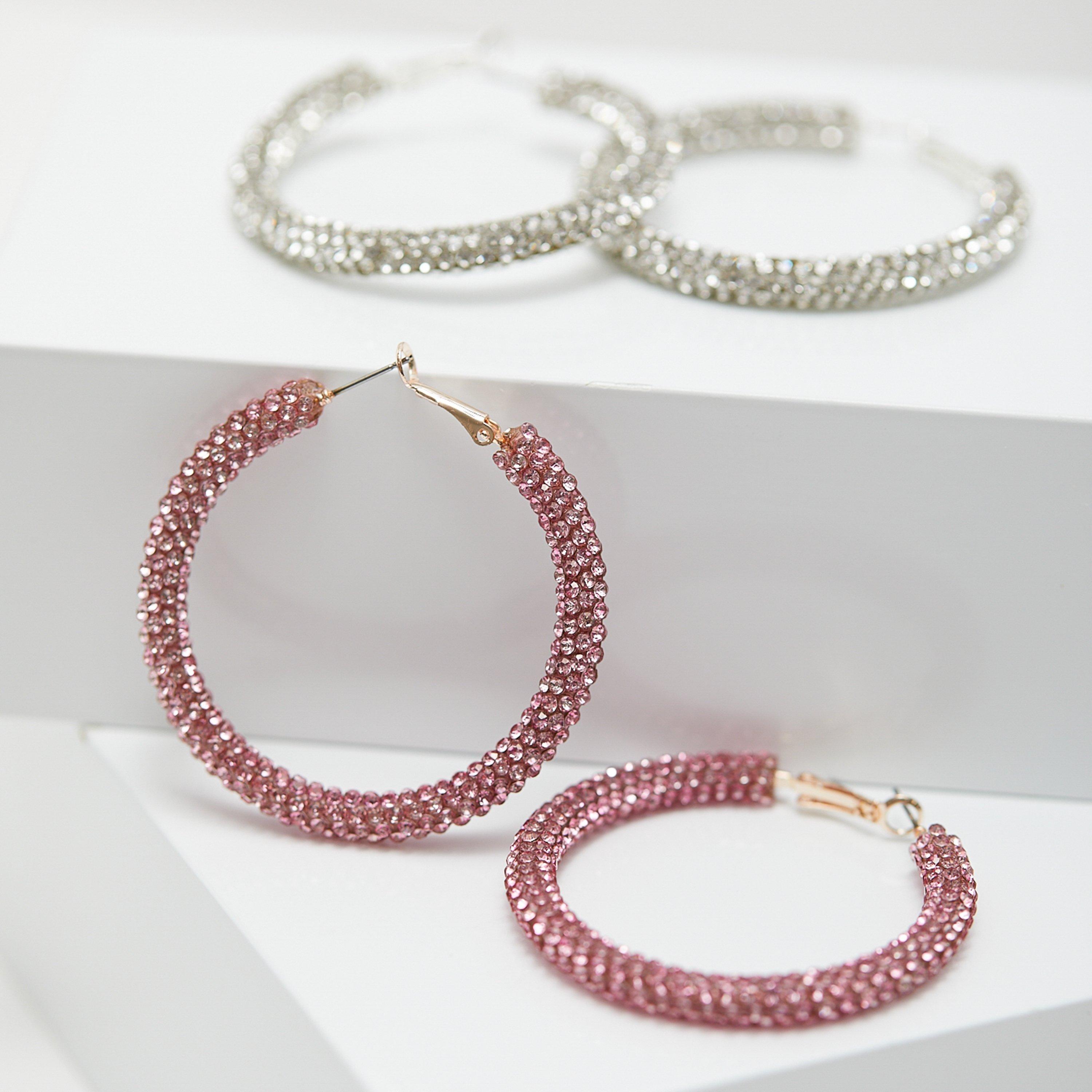 Silver - Mood - Silver Crystal Diamante Tube Hoop Earrings - 5