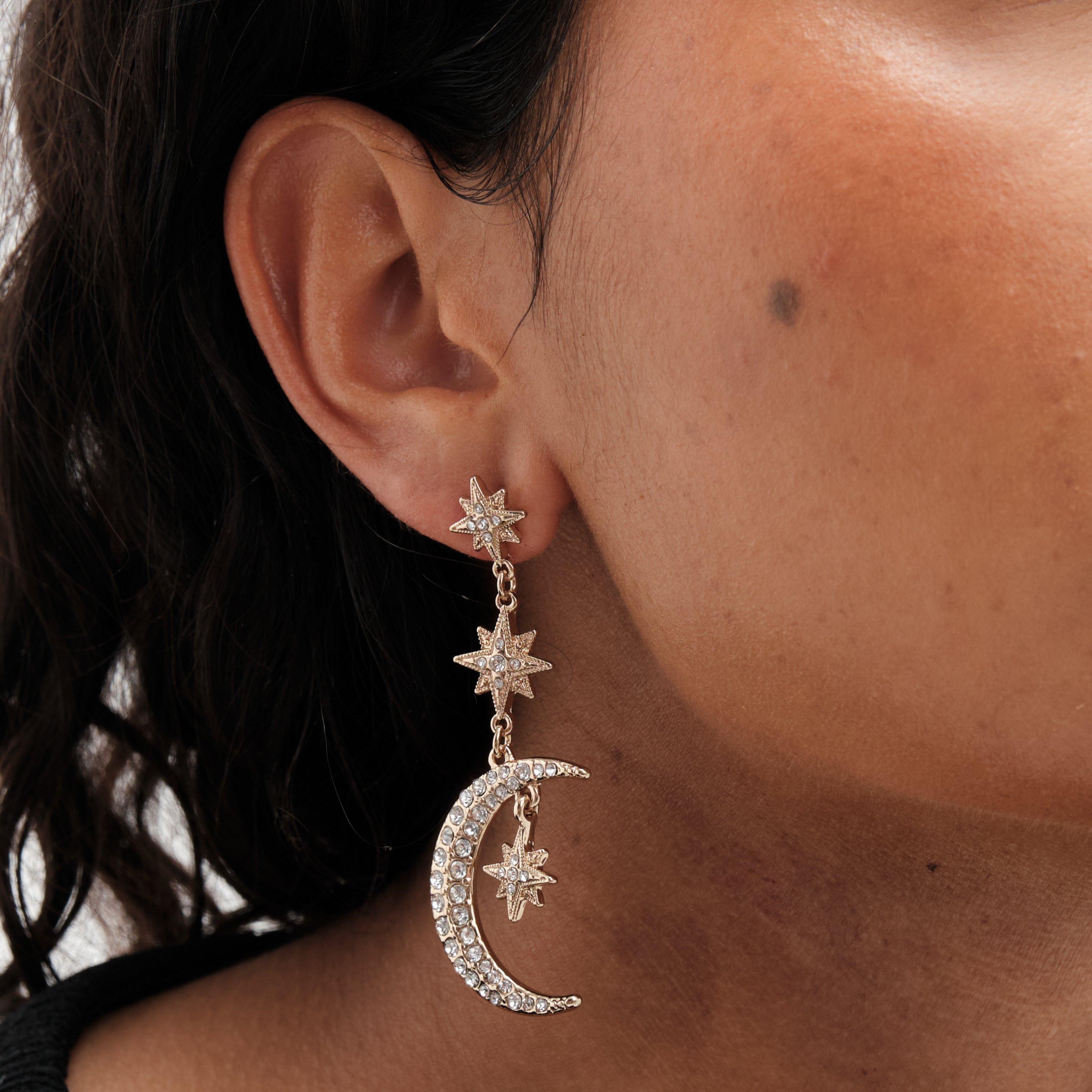 Gold - Mood - Gold Crystal Star And Moon Missmatch Drop Earrings - 2