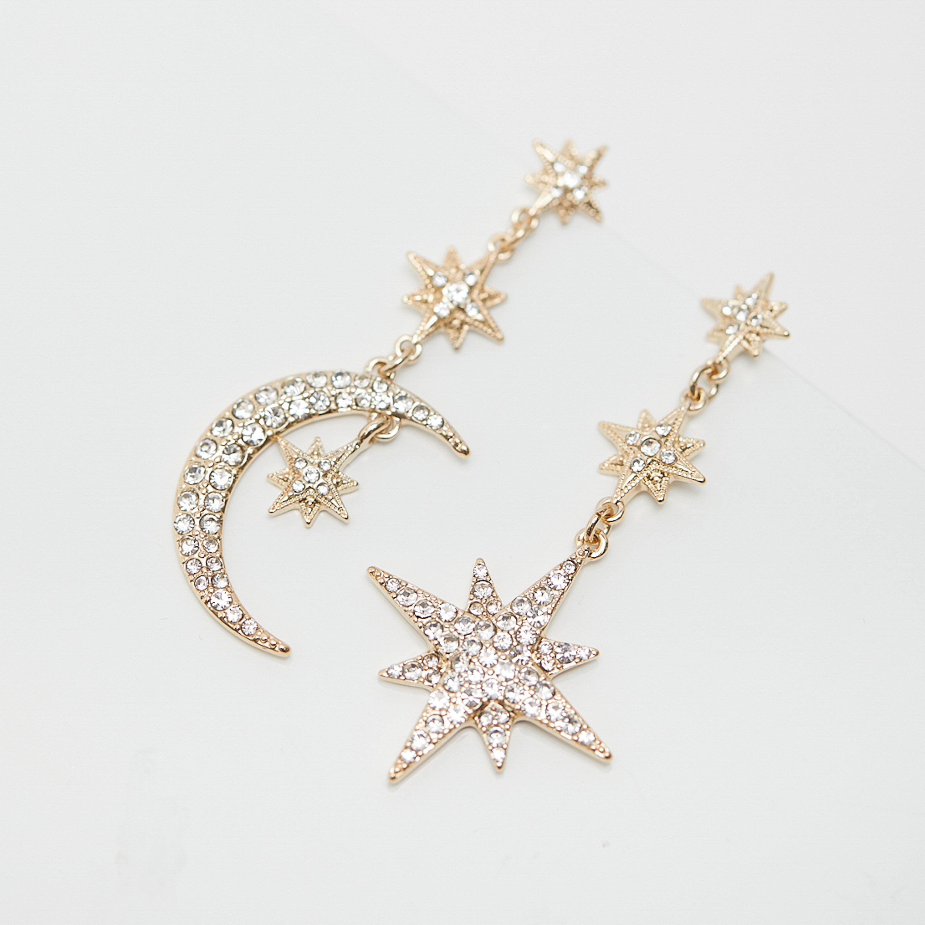 Gold - Mood - Gold Crystal Star And Moon Missmatch Drop Earrings - 4