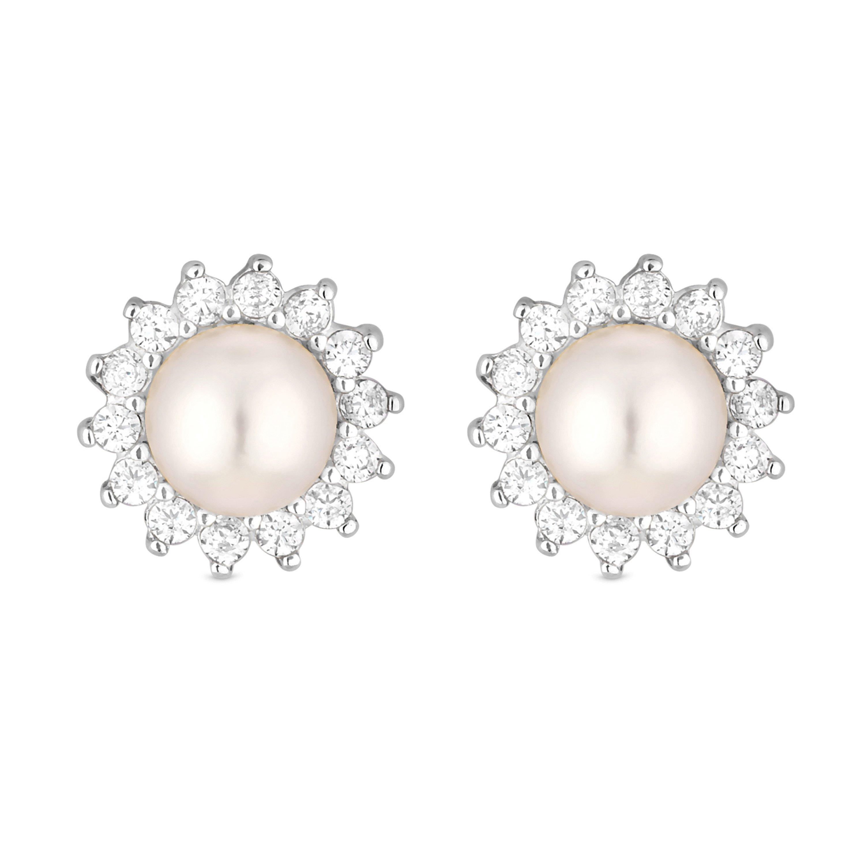 Simply Women's Sterling 925 Pearl And Cz Halo Studs Silver