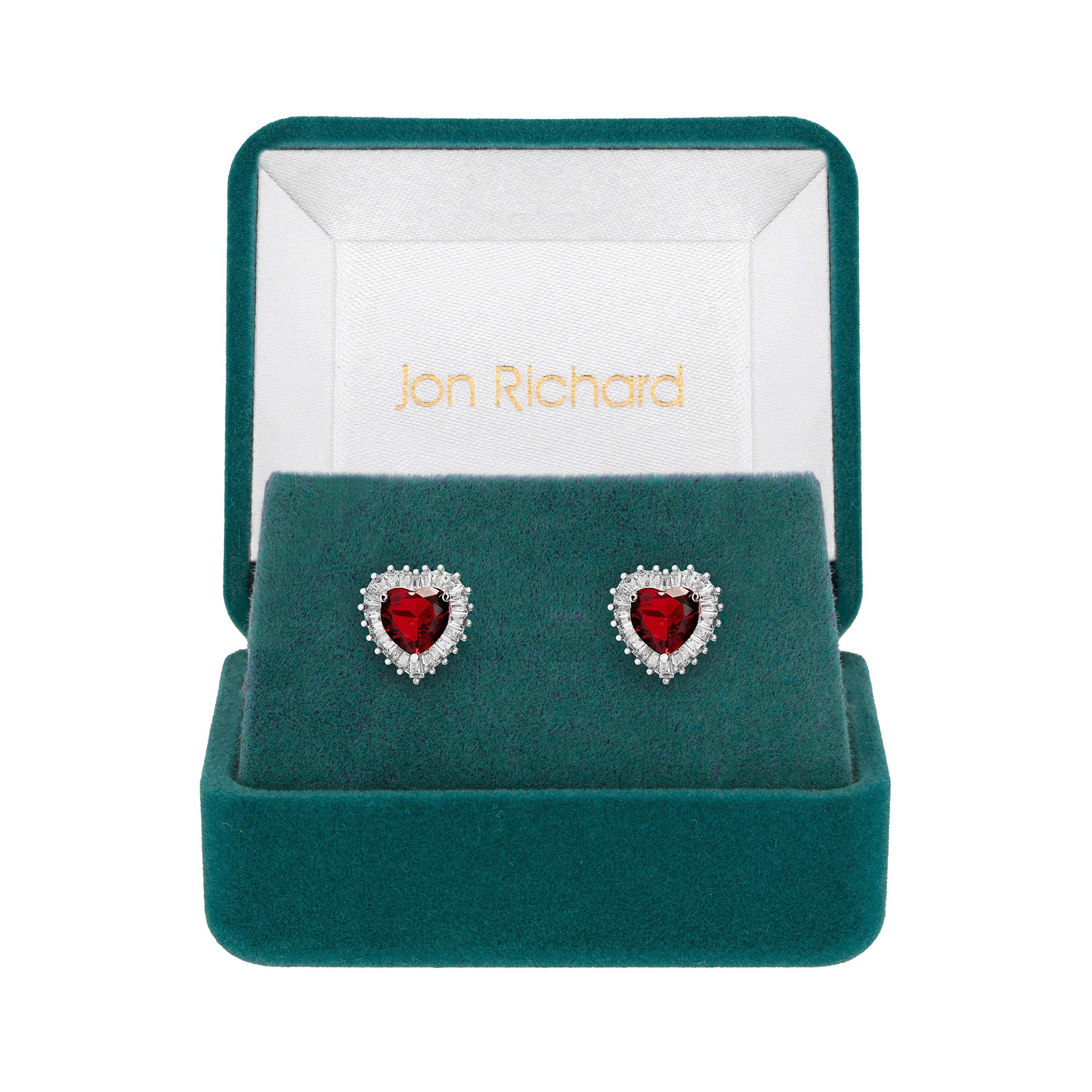 Silver - Jon Richard - Rhodium Plated CZ Ruby Heart Stud Earrings - 1