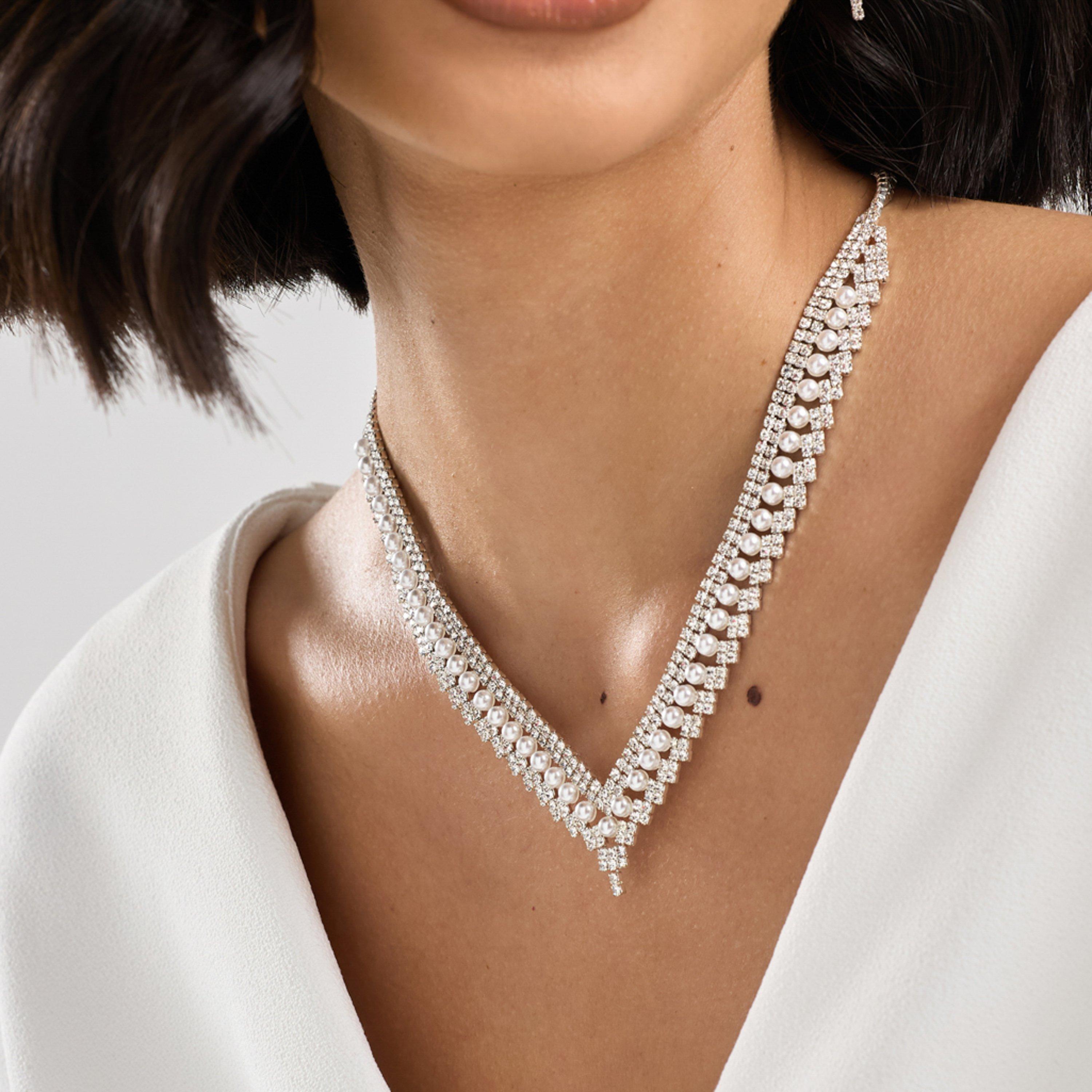 Silver - Jon Richard - Silver Plated Pearl And Crystal V Necklace - 1