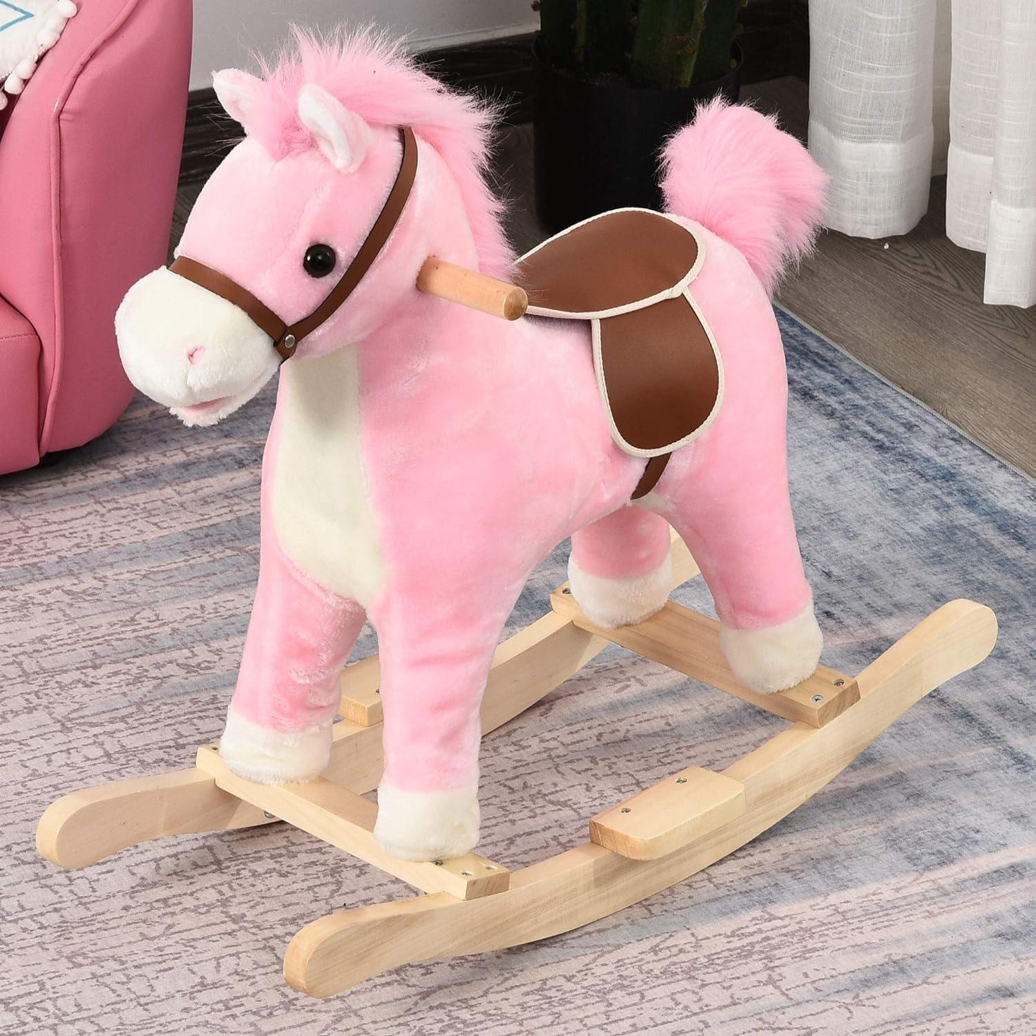 Pink - HOMCOM - HOMCOM Kids Plush Rocking Horse With Wagging Tail - 2