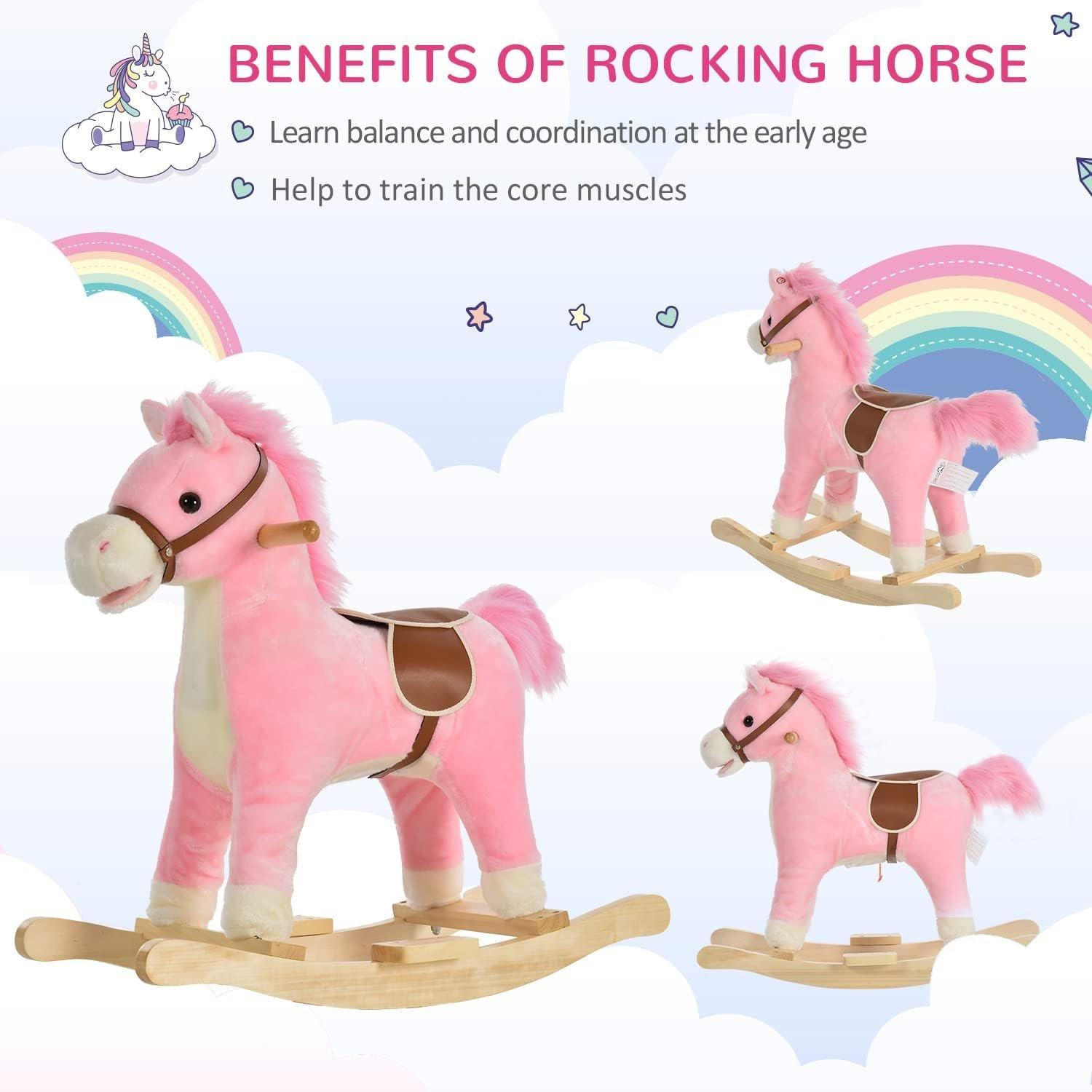 Pink - HOMCOM - HOMCOM Kids Plush Rocking Horse With Wagging Tail - 3