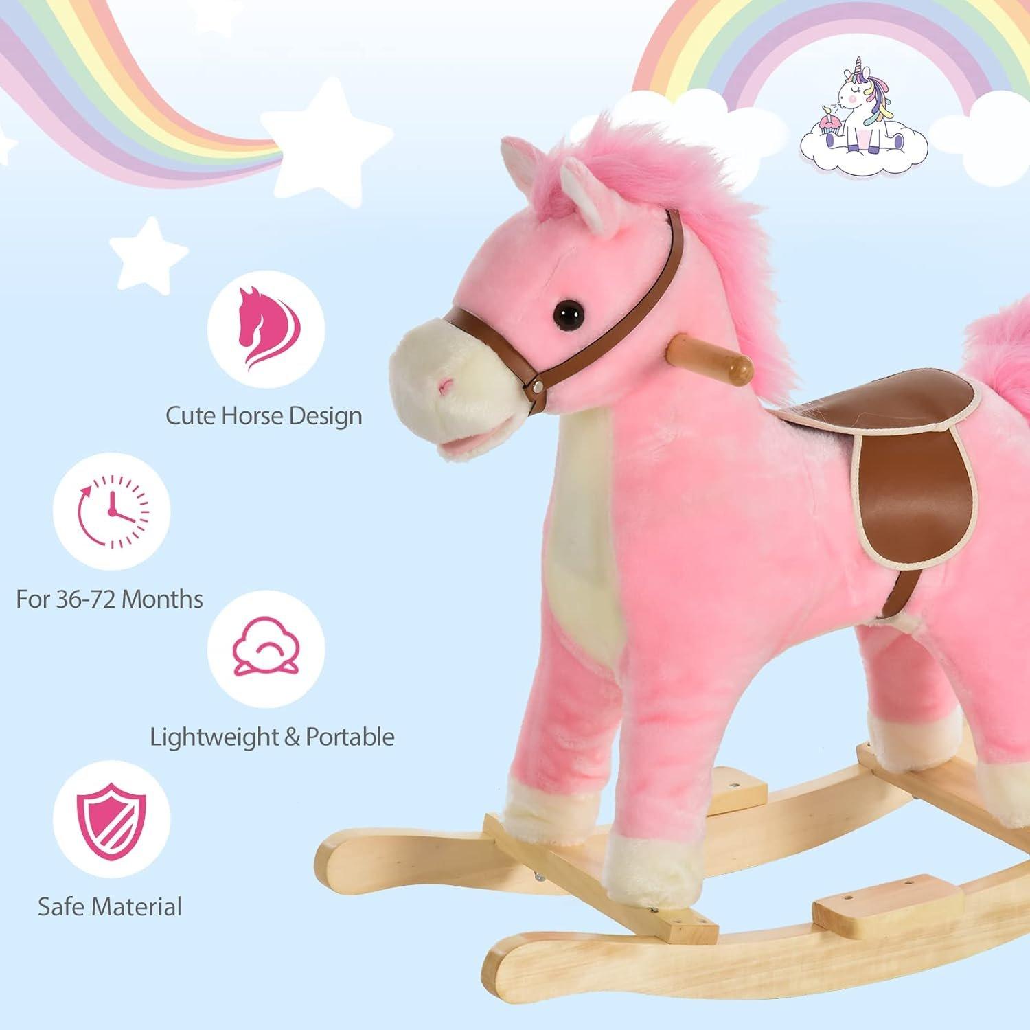 Pink - HOMCOM - HOMCOM Kids Plush Rocking Horse With Wagging Tail - 4
