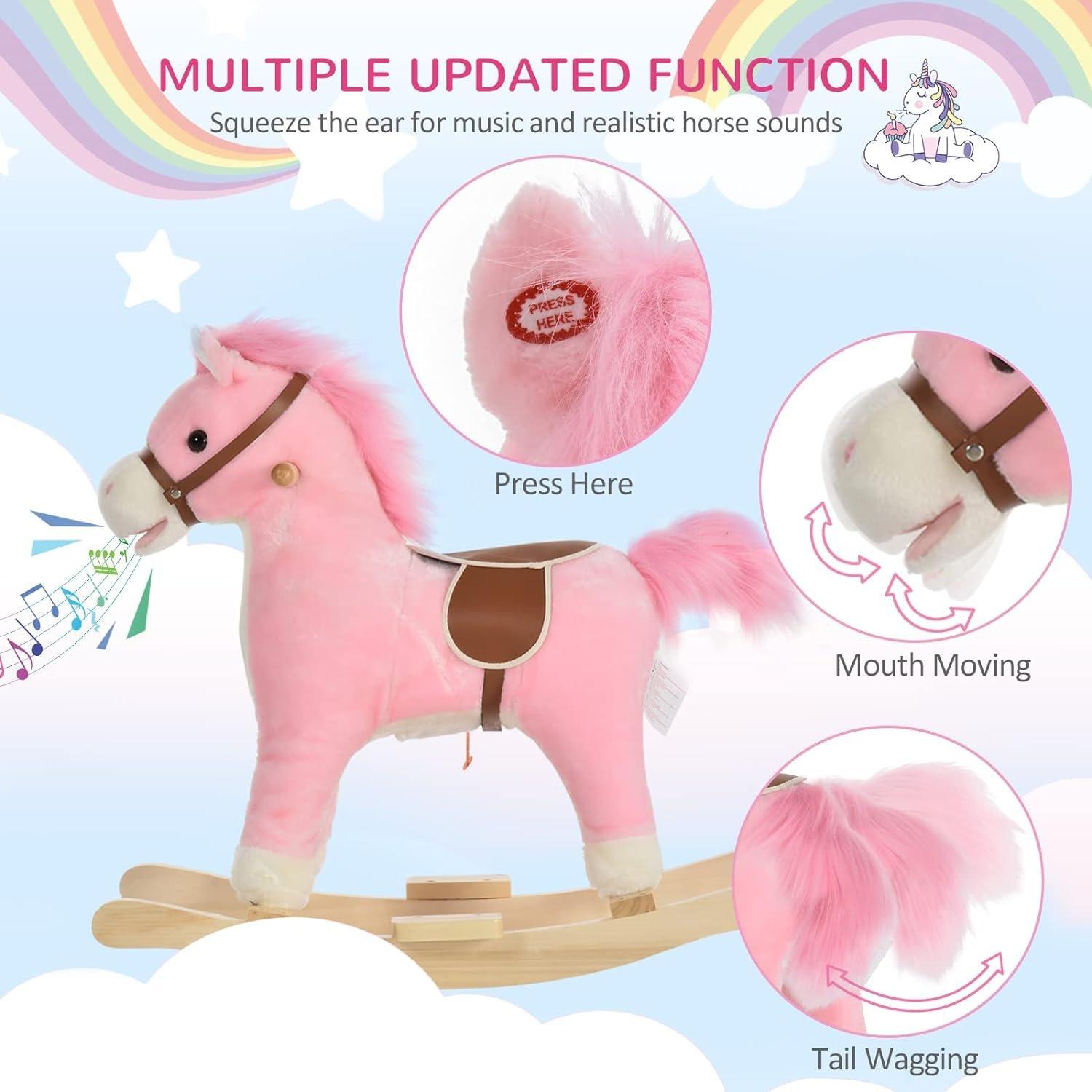 Pink - HOMCOM - HOMCOM Kids Plush Rocking Horse With Wagging Tail - 6