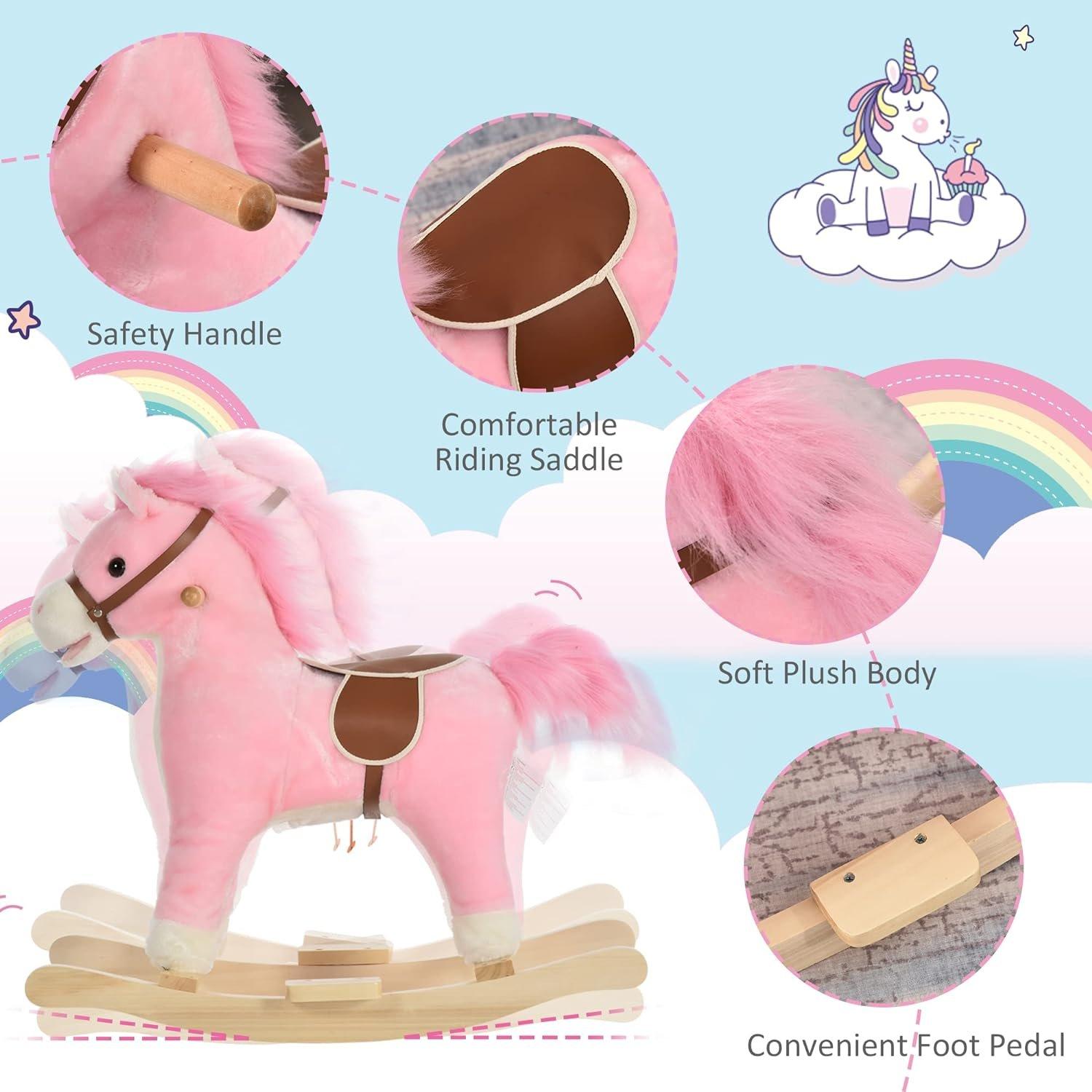 Pink - HOMCOM - HOMCOM Kids Plush Rocking Horse With Wagging Tail - 7