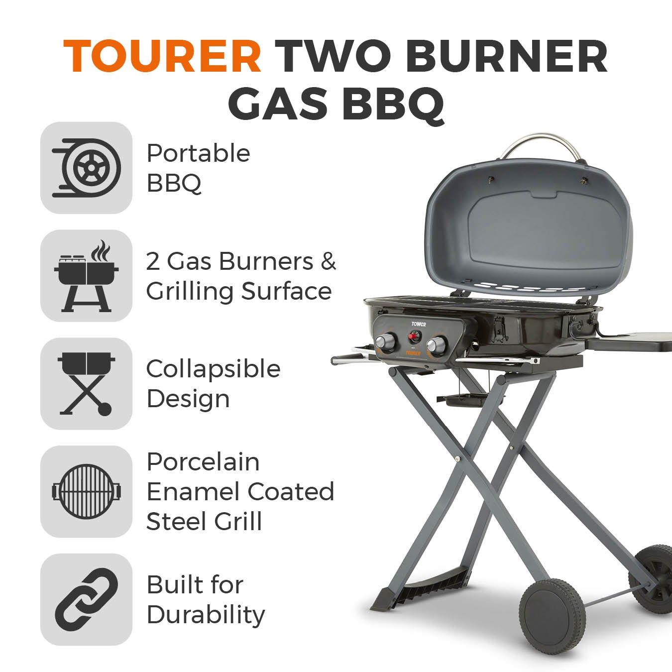 Grey - Tower - Tourer Two Burner Portable Gas BBQ - 2