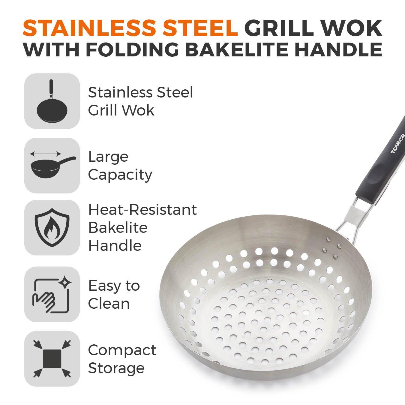 Stainless Steel - Tower - 28cm Grill Wok with Folding Handle - 2
