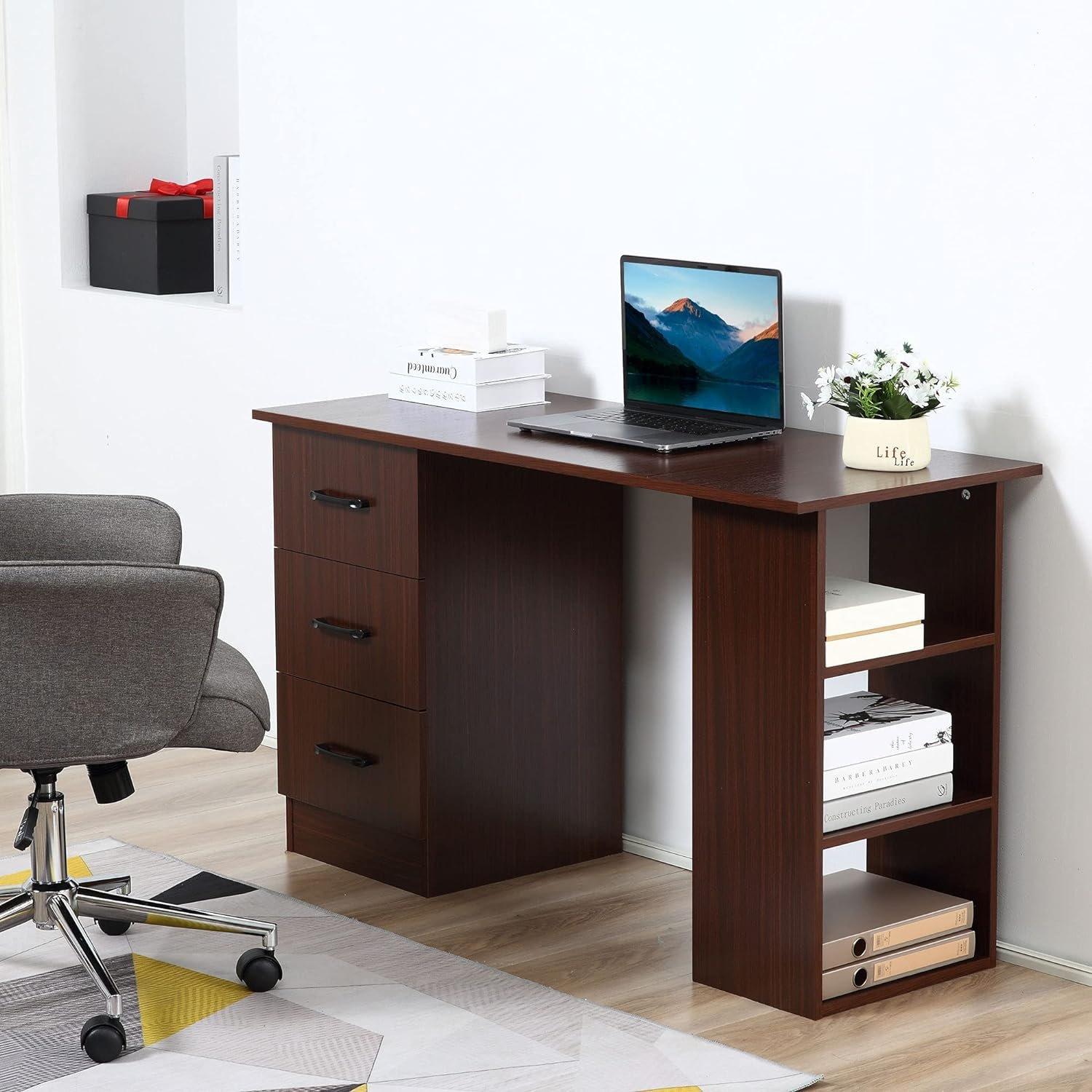 Brown - HOMCOM - Computer Desk With Storage And Shelves - 2