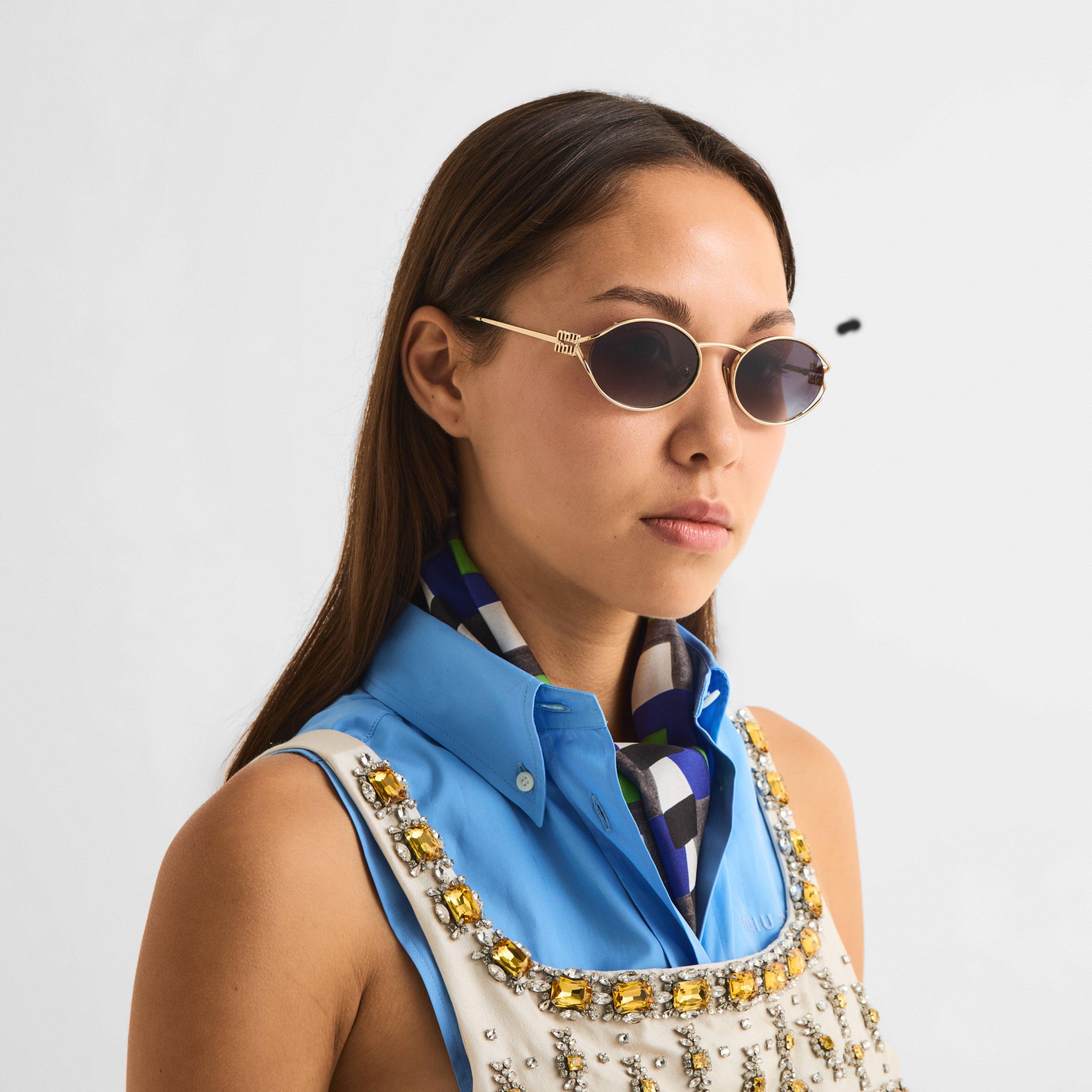 Pale Gold/Grey - Miu Miu - Women's Logo Sunglasses - 3