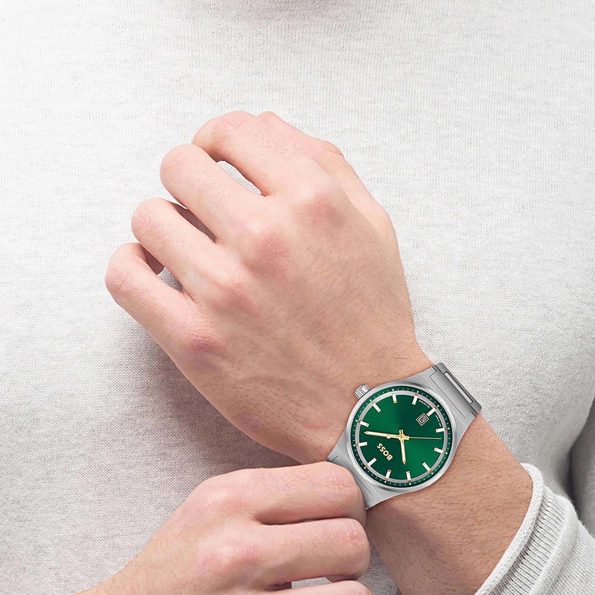 Green/Silver - Boss - Men's Candour Three Hand Analogue Quartz Watch - 4