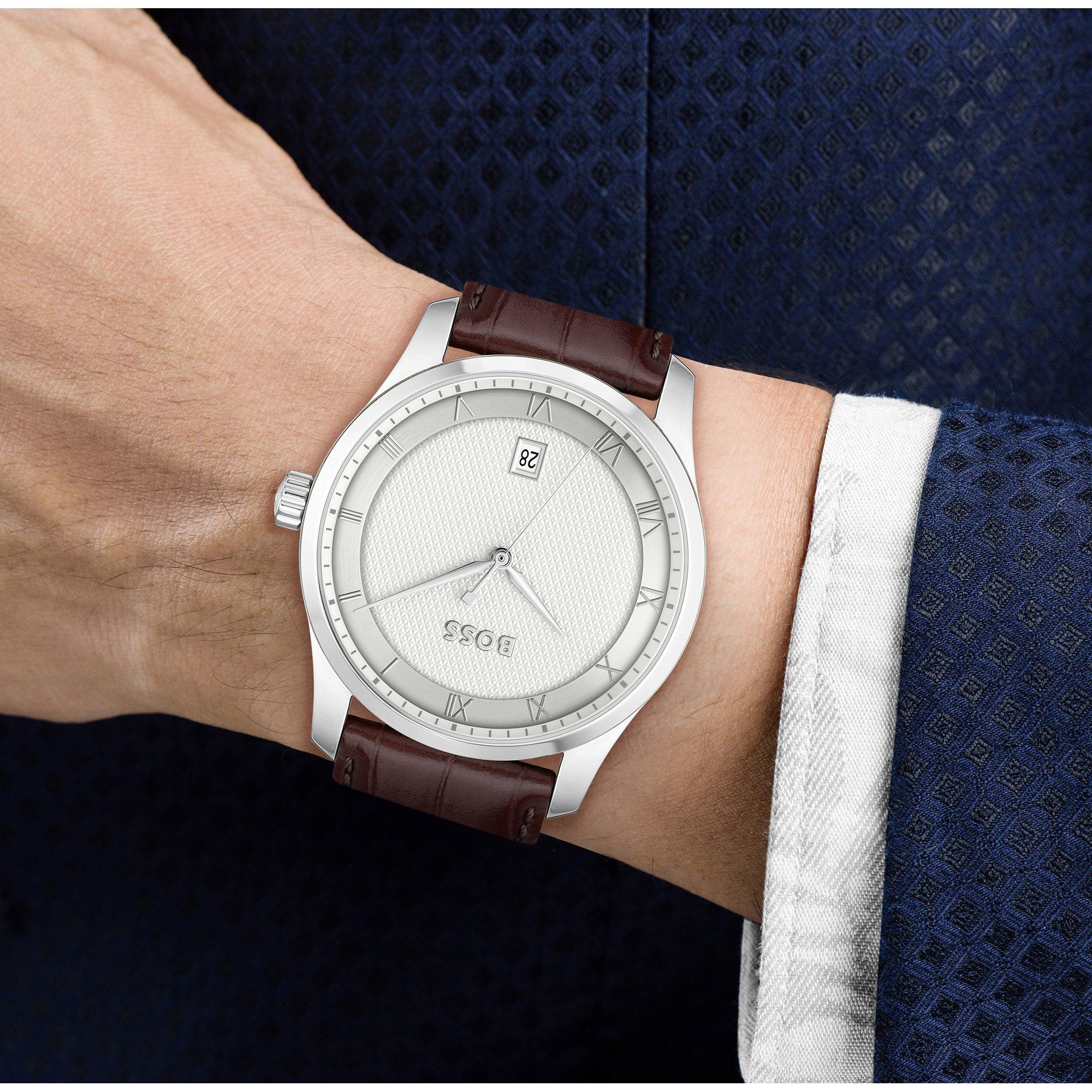 Silver/Brown - Boss - Men's BssJwl Principle Large Roman Numerals Watch - 4