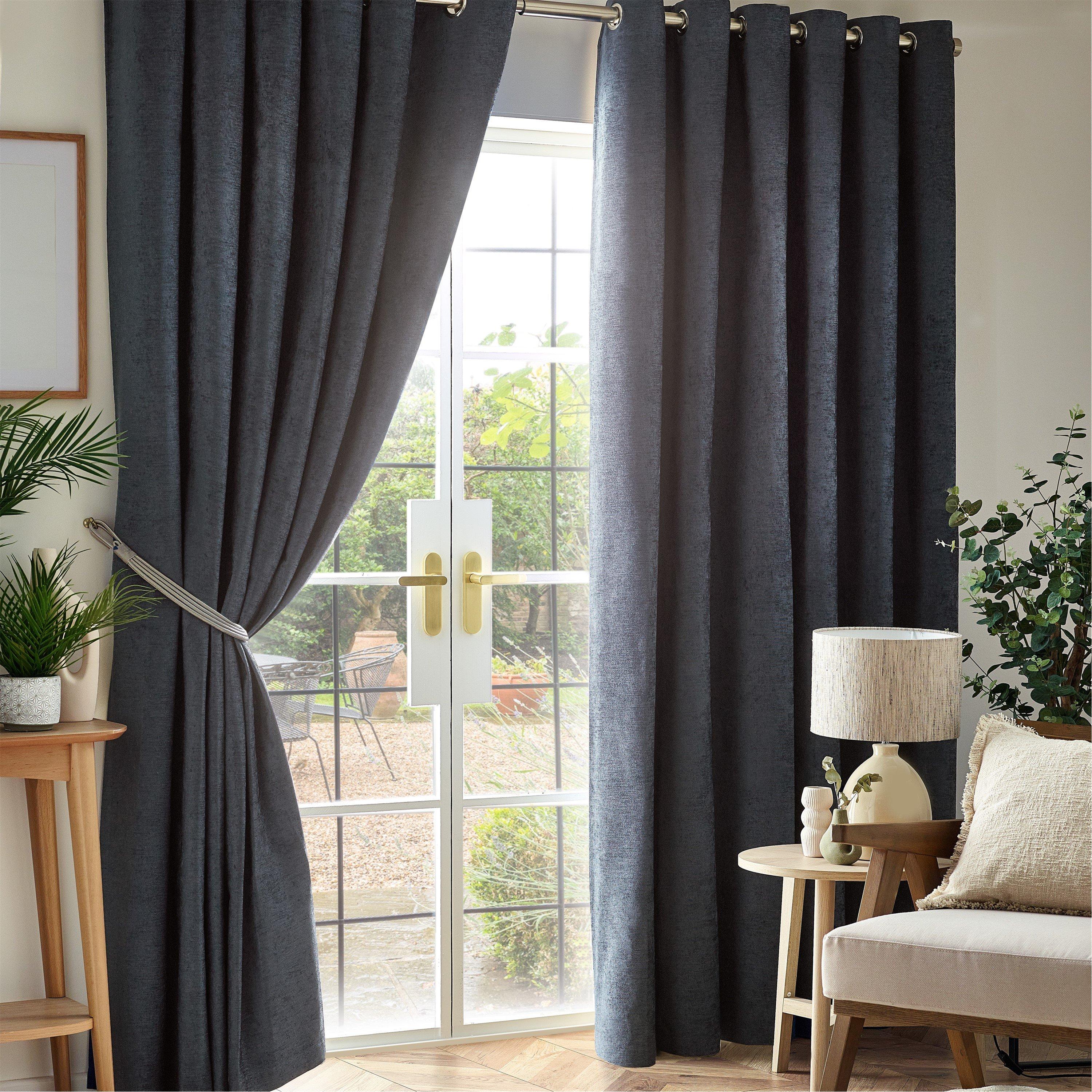 Charcoal - Alan Symonds - Chenille Blackout Ring Top Eyelet Curtains - 1