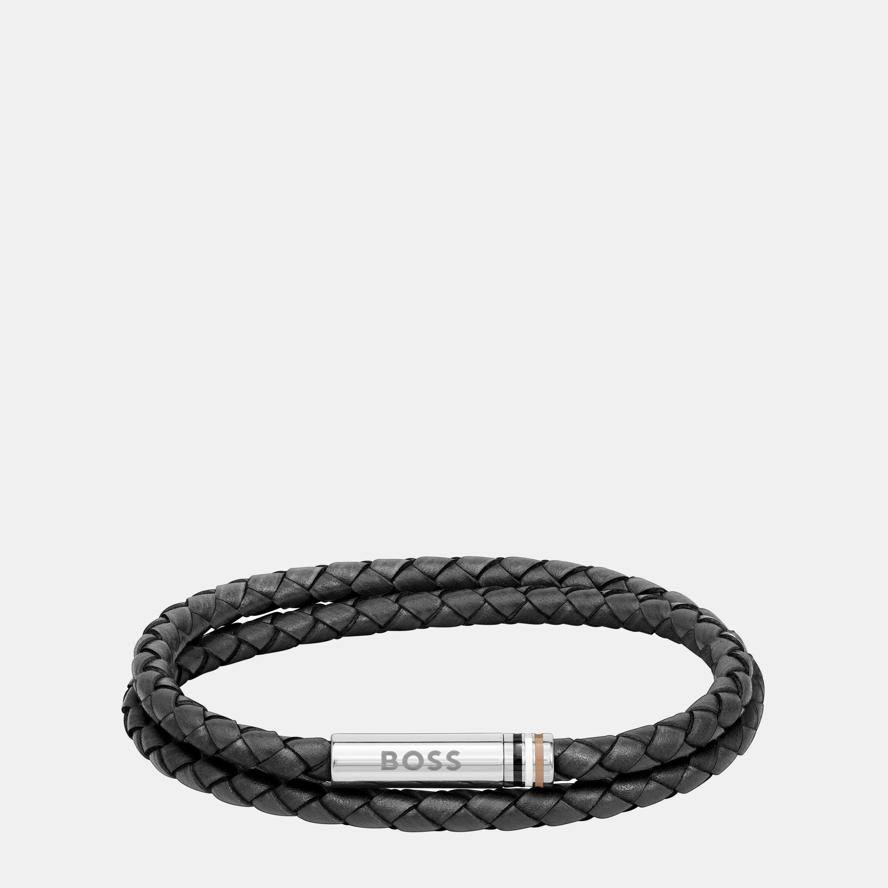 Boss Men's Ares Double Wrap Leather Bracelet - Black