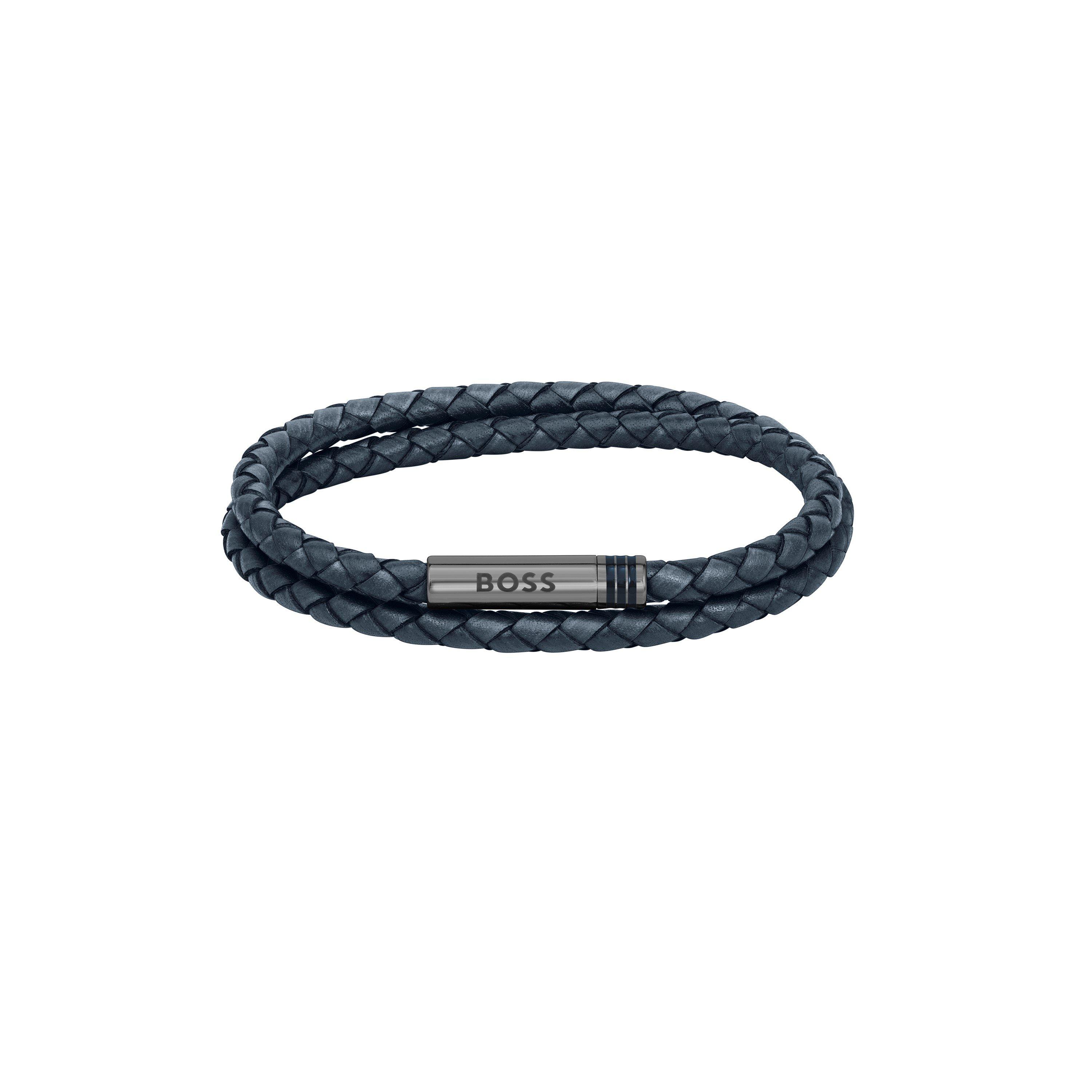 Boss Men's Ares Double Wrap Leather Bracelet - Blue