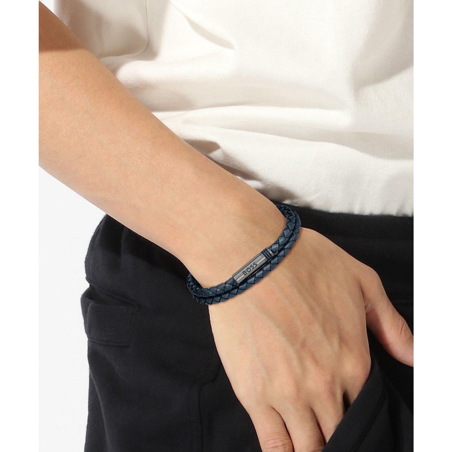 Blue - Boss - Men's Ares Double Wrap Leather Bracelet - 3