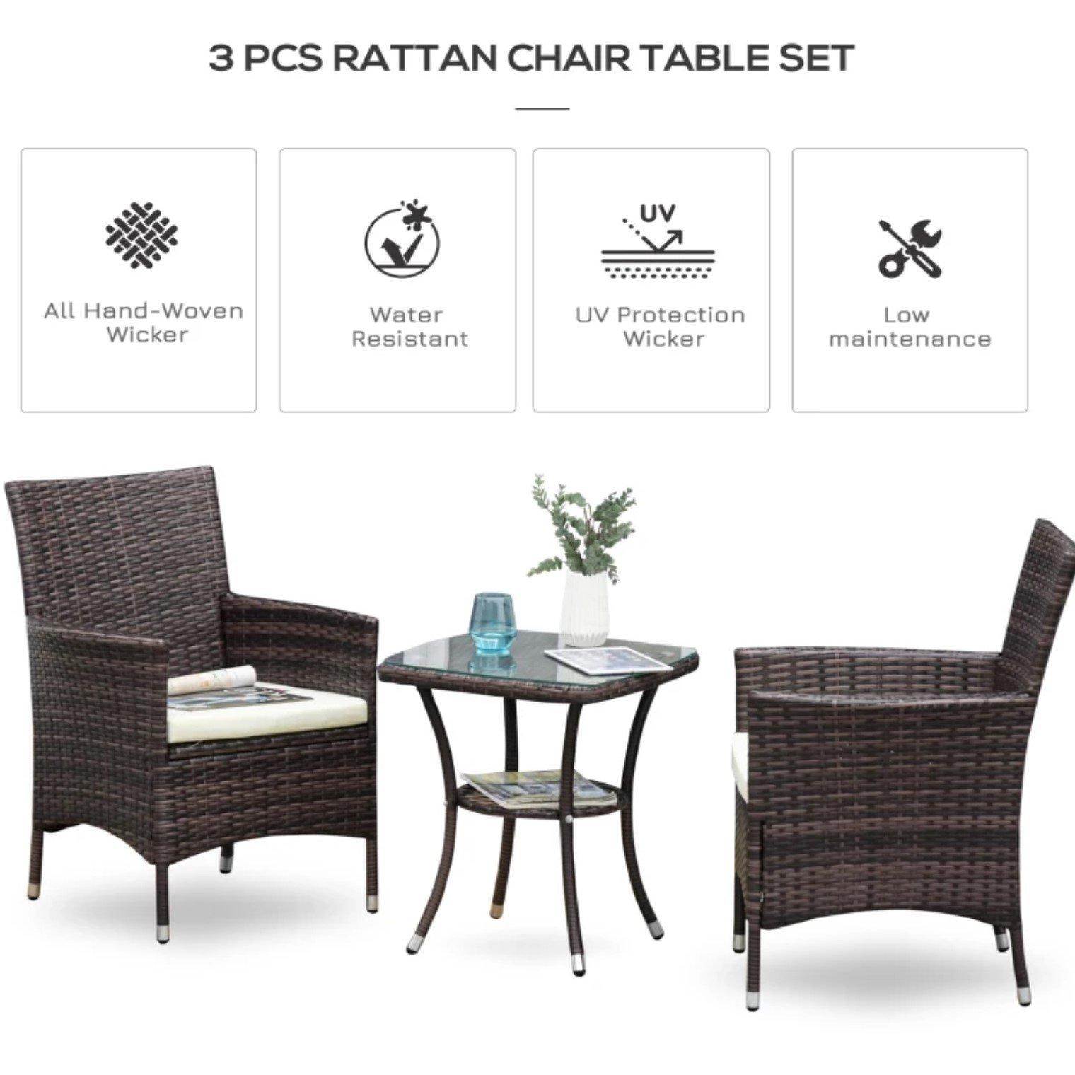 Brown - Outsunny - Three-Piece Rattan Chair Set and Cushions - 3