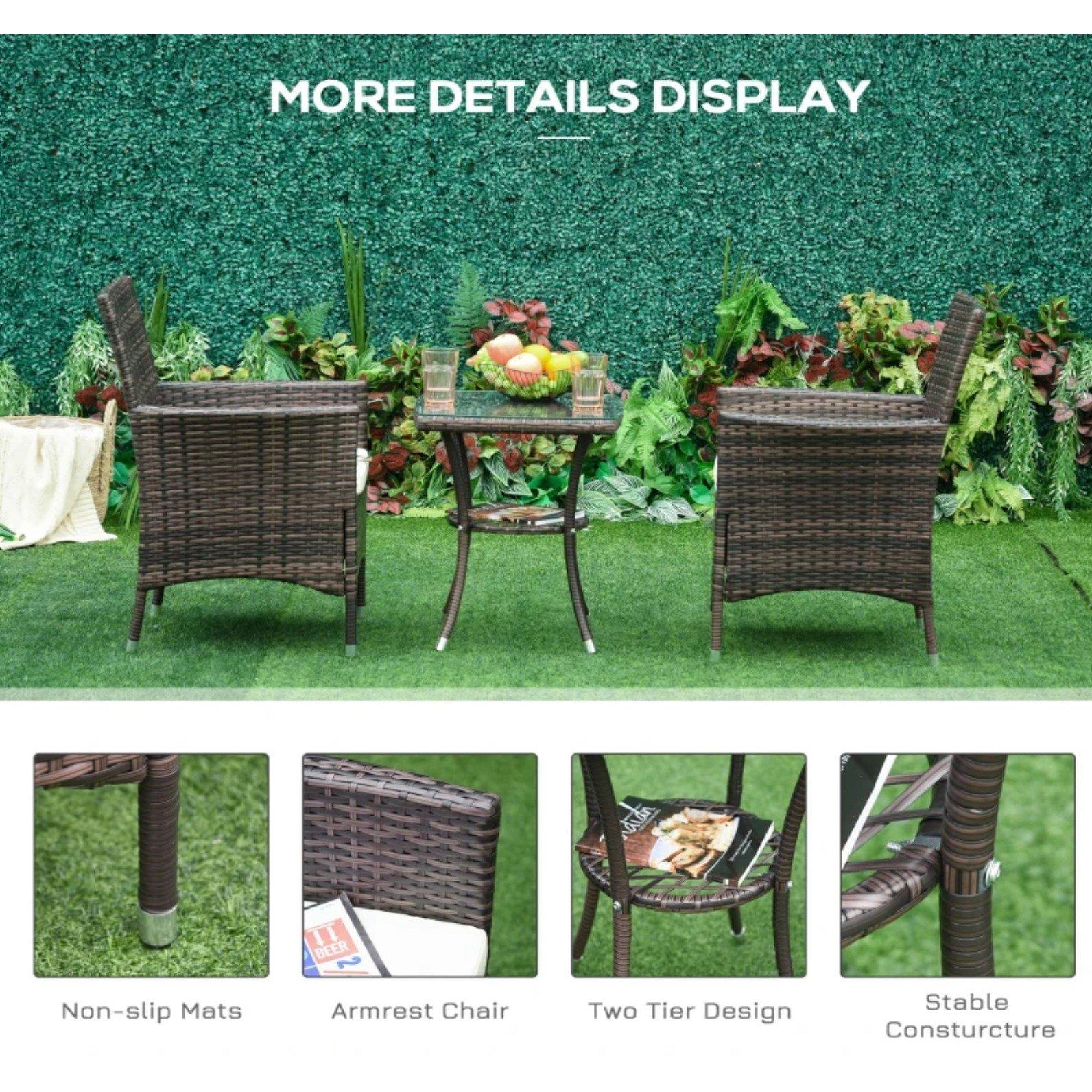 Brown - Outsunny - Three-Piece Rattan Chair Set and Cushions - 5