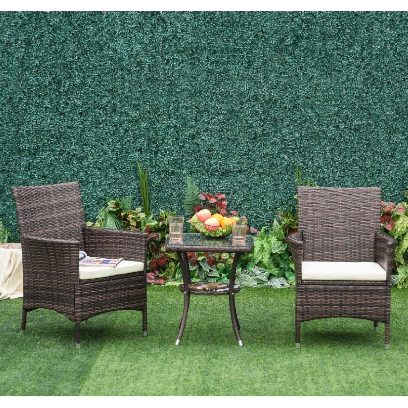 Brown - Outsunny - Three-Piece Rattan Chair Set and Cushions - 8