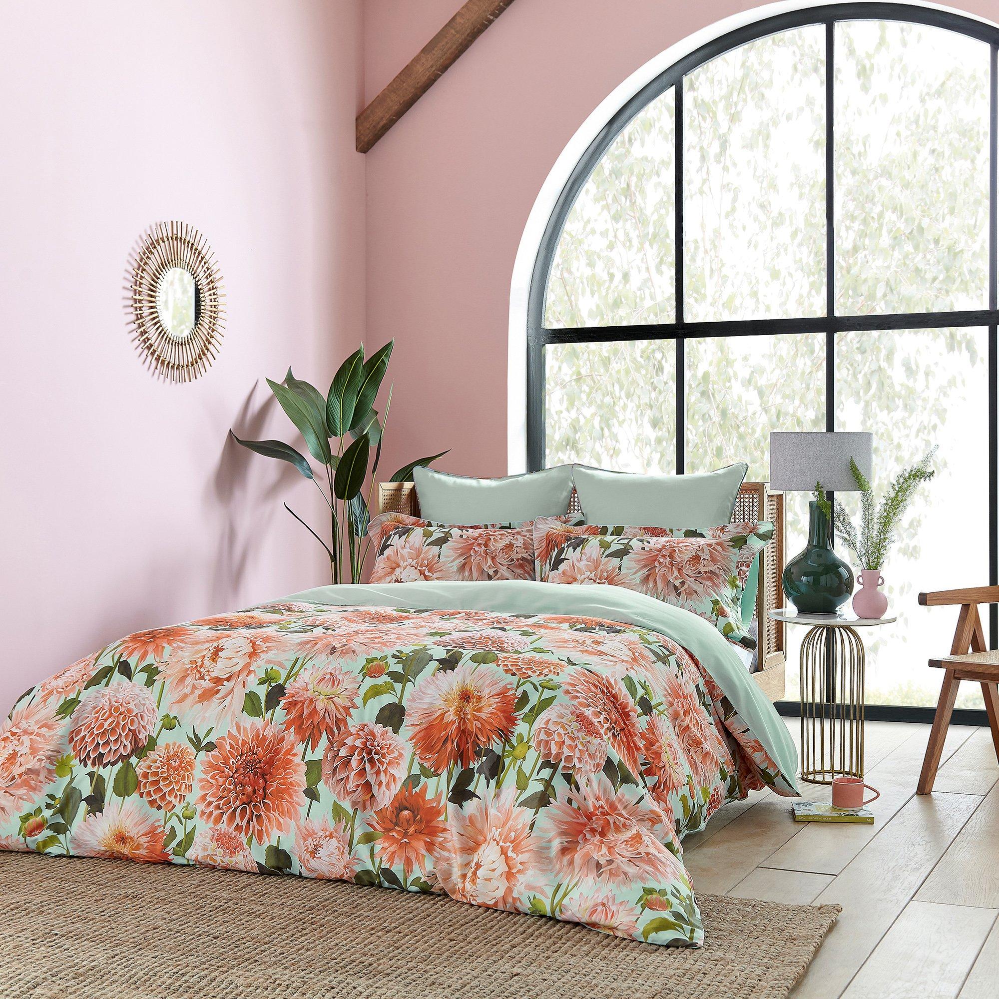 Coral - Harlequin - Dahlia Cotton Sateen Duvet Cover Set - 1