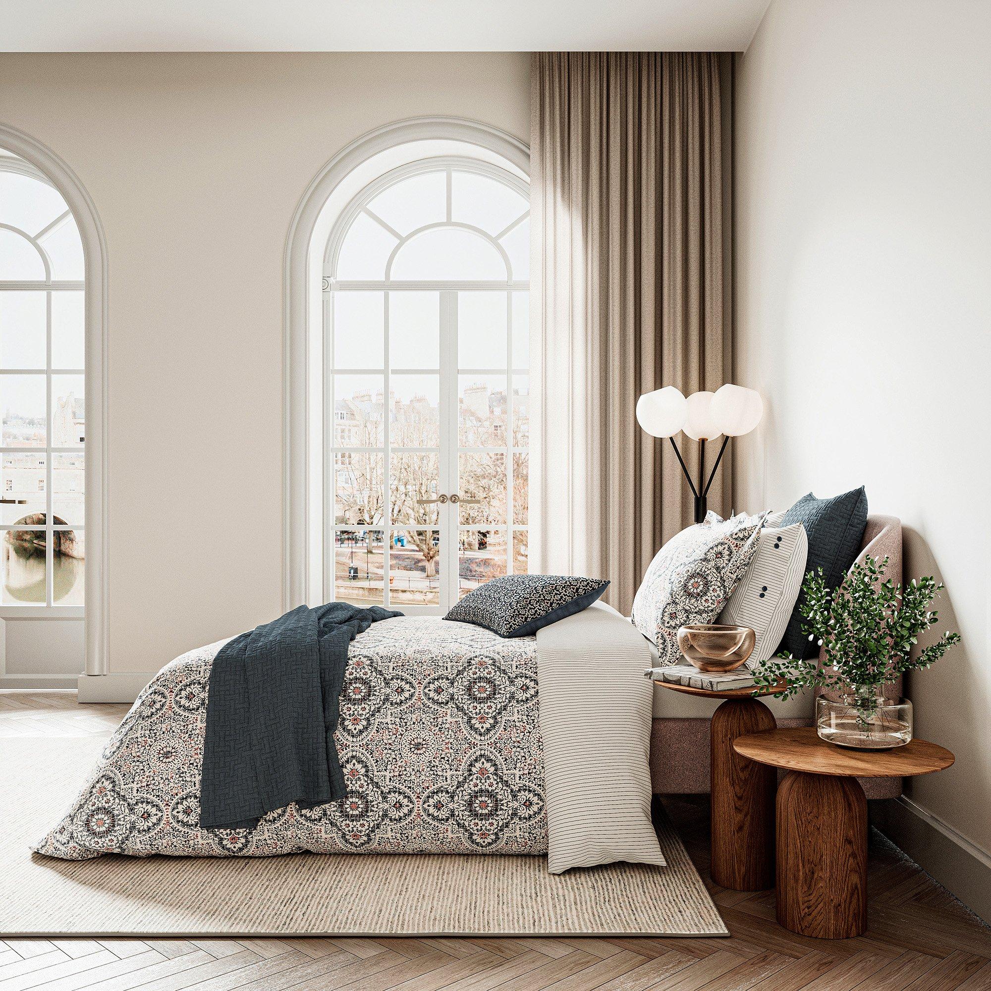 Bedeck Of Belfast  Nena Cotton Duvet Cover Set - Denim/Coral - SINGLE