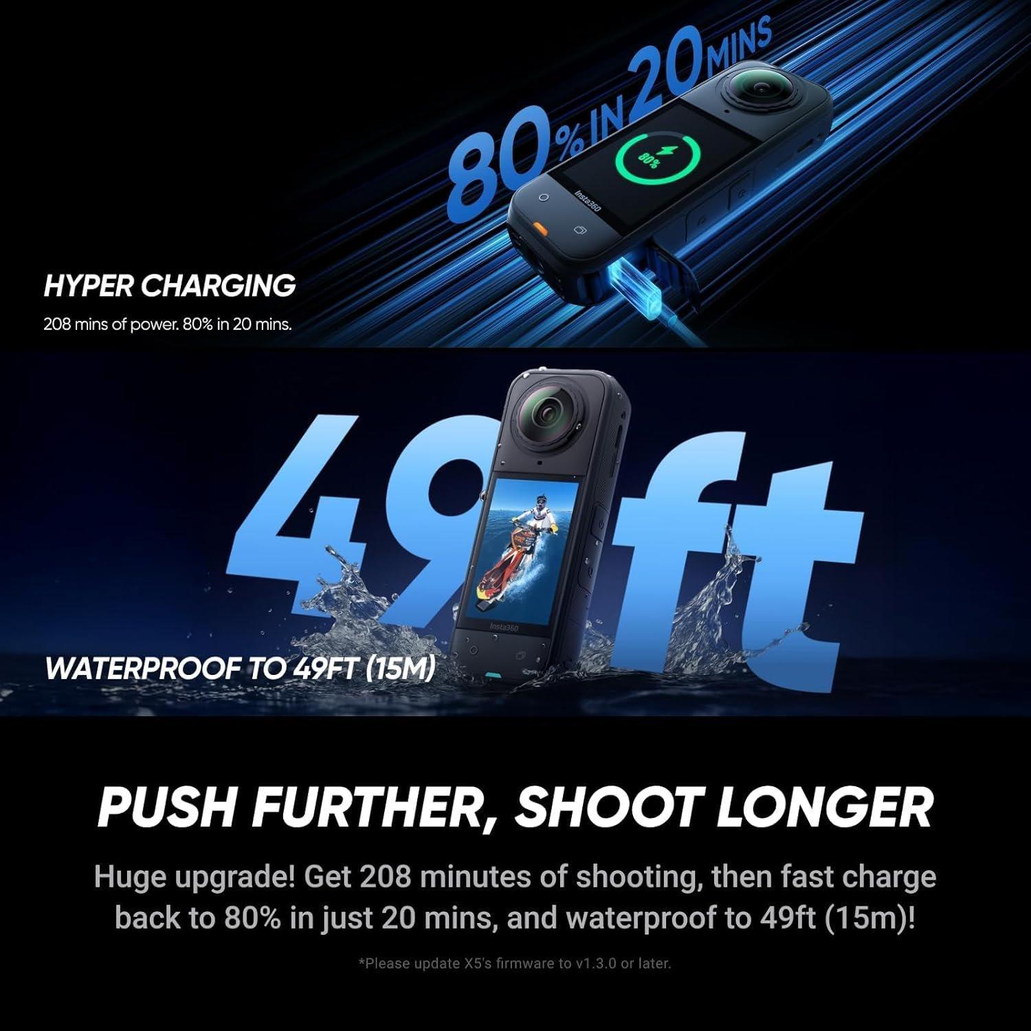 Black - Insta 360 - X5 - Waterproof 8K 360° Action Camera Leading Low Light - 8