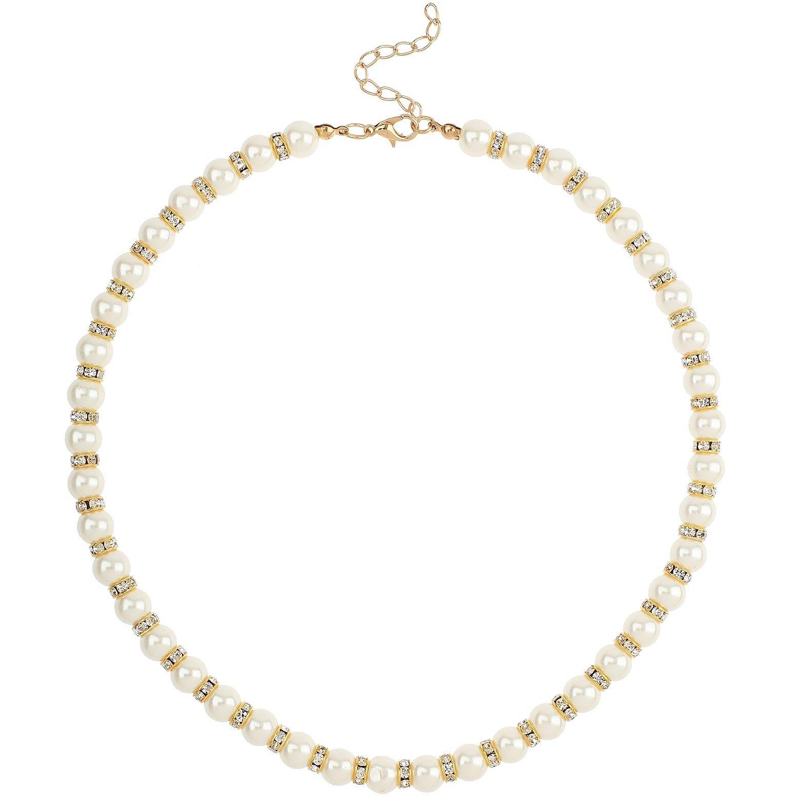 Gold And White - Mason Knight Yager - Faux 6mm Pearl And Crystal Bead Necklace