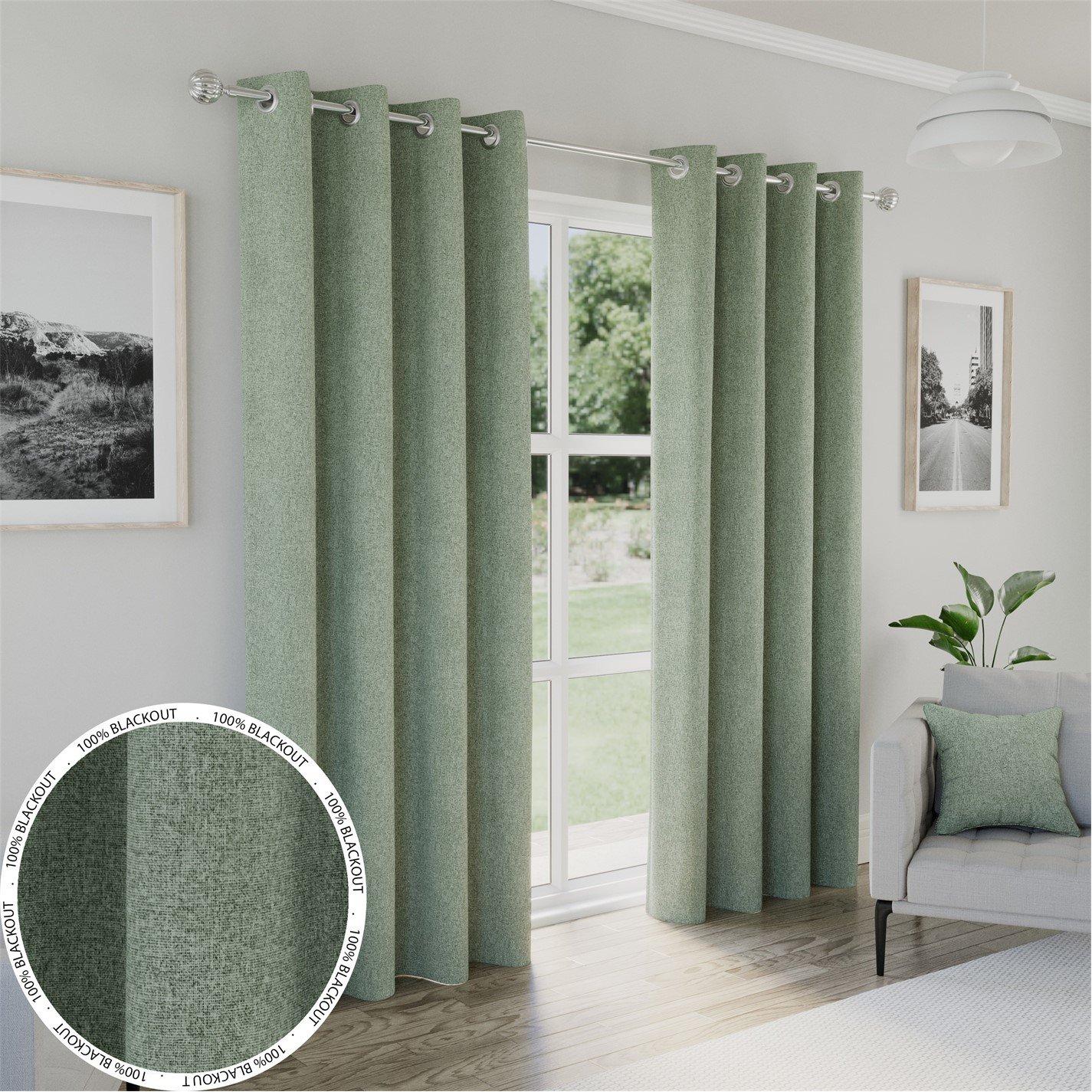 Enhanced Living  Austin 100% Blackout Linen Look Eyelet Curtains - Green - 168x183cm