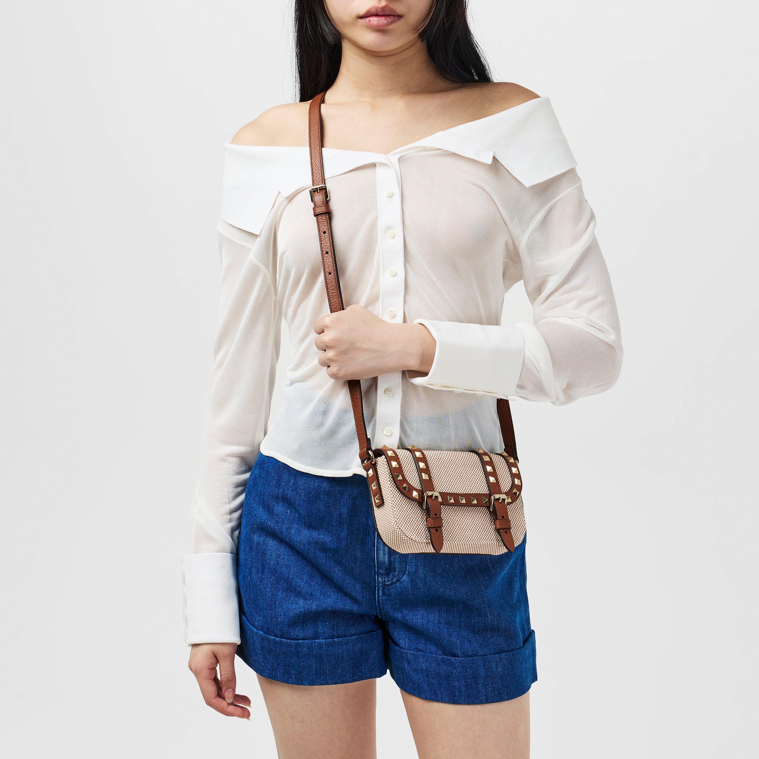 Natural/Seleria - Valentino Garavani - Rockstud Small Canvas Shoulder Bag - 3