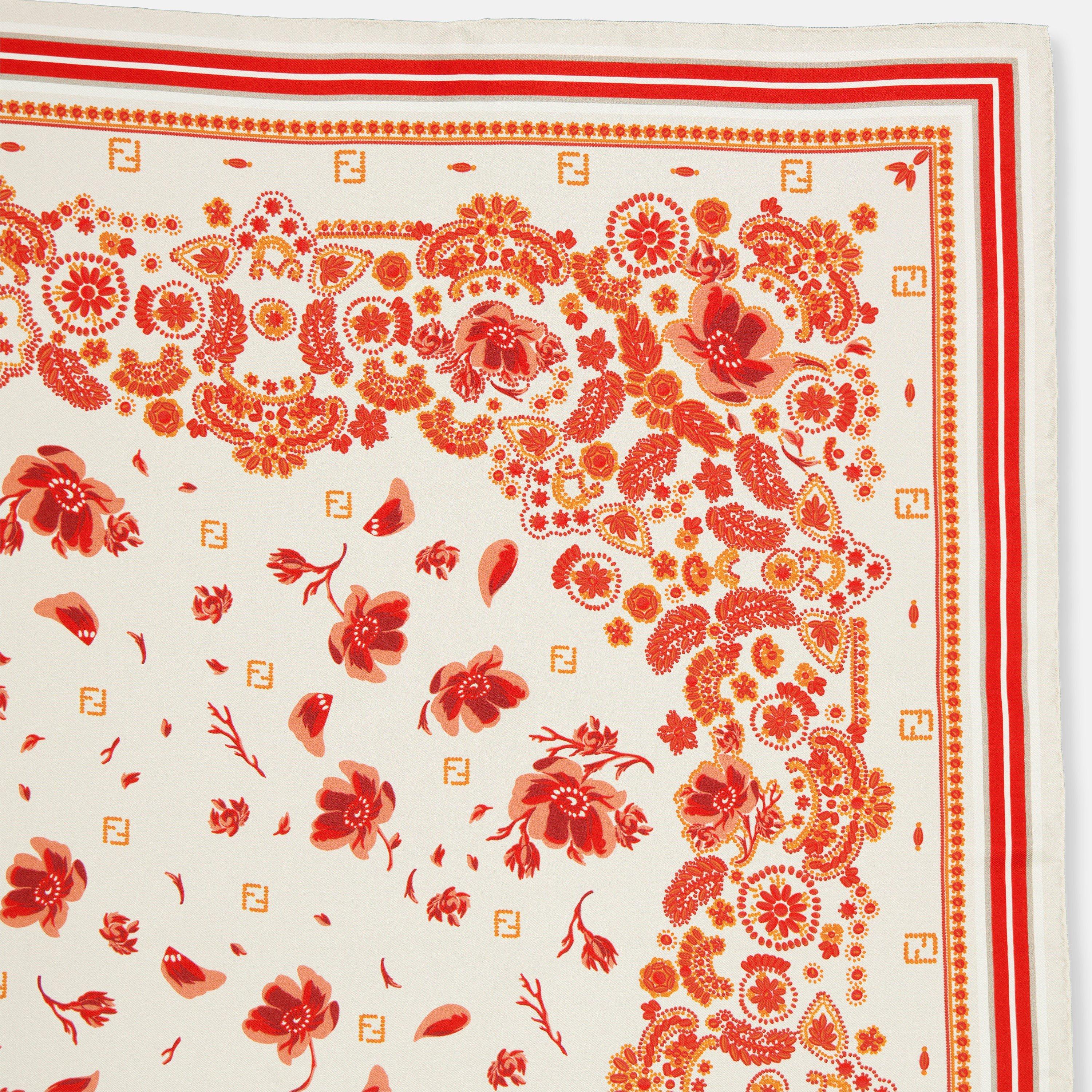 Avorio/Rosso - Fendi - Women's Floral Silk Scarf - 2