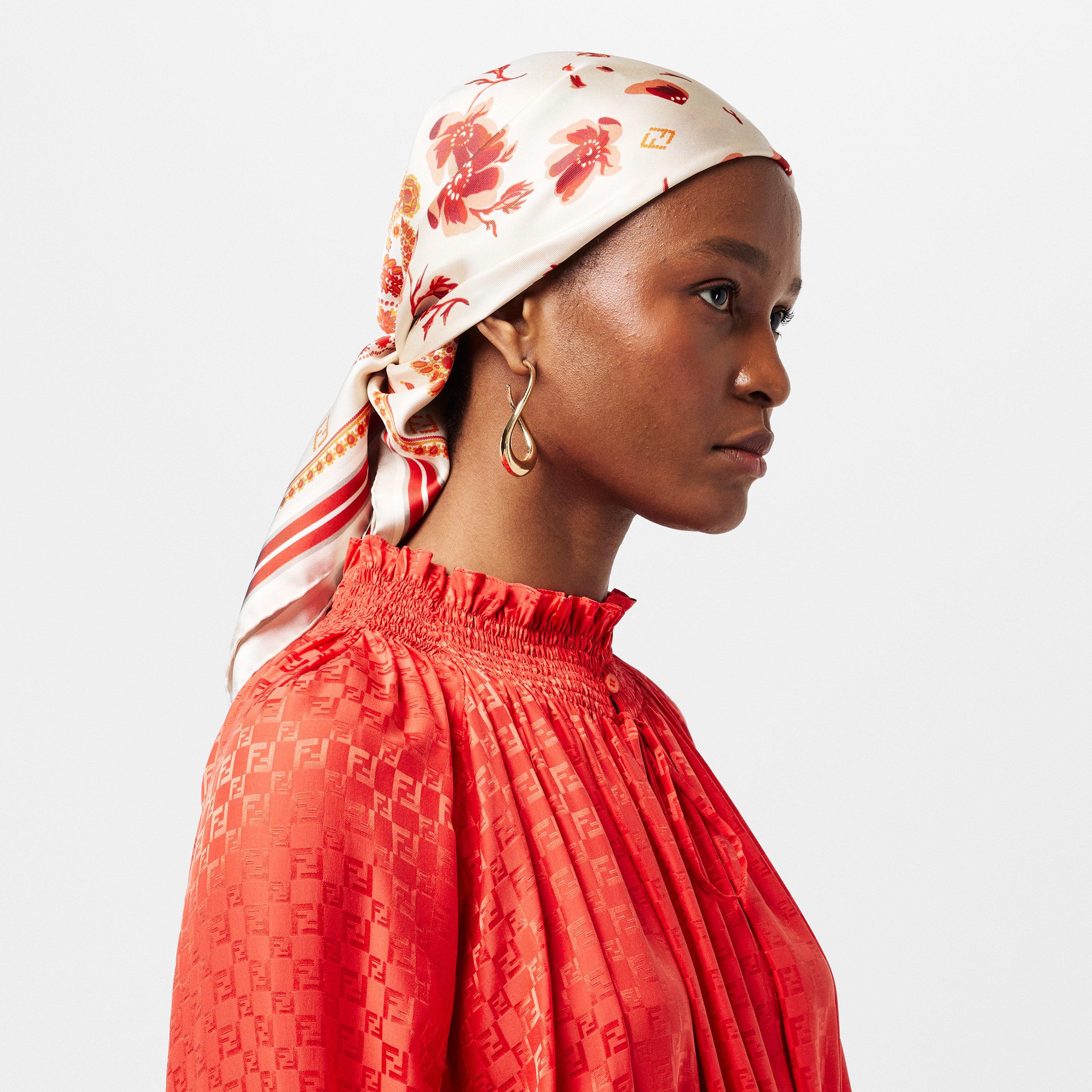 Avorio/Rosso - Fendi - Women's Floral Silk Scarf - 3