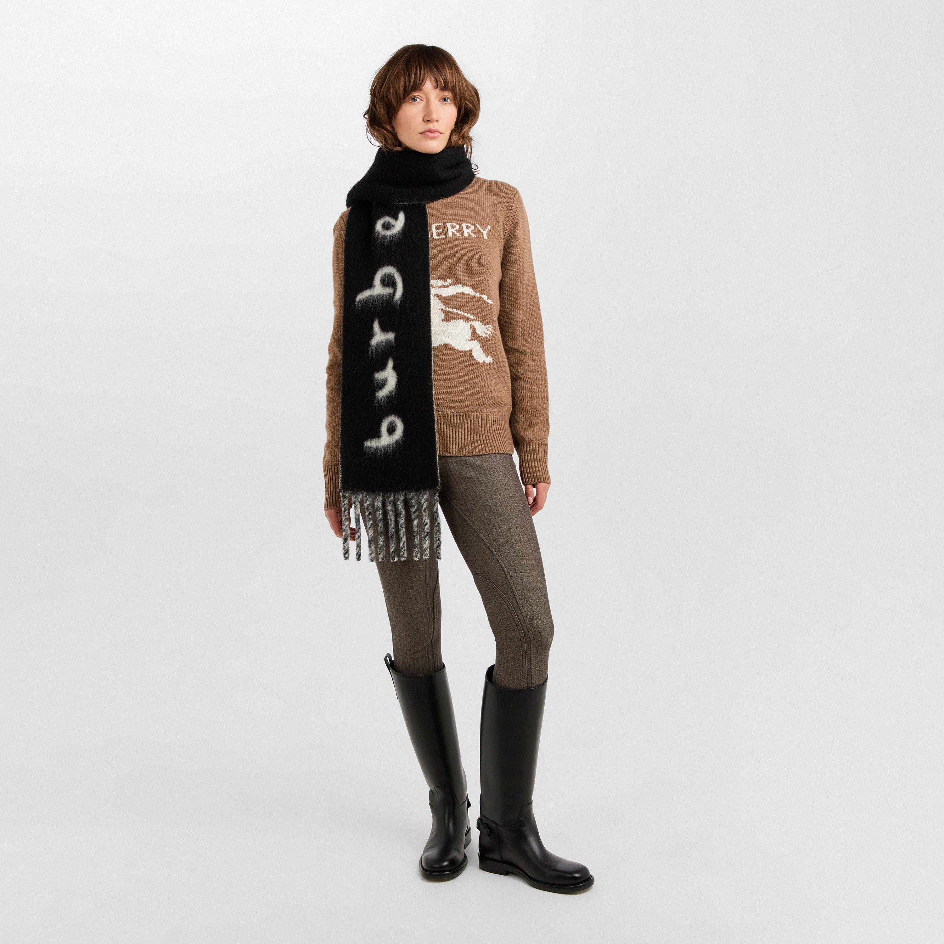 Black - Burberry - Women's Burb Text Soft Knitted Scarf - 4