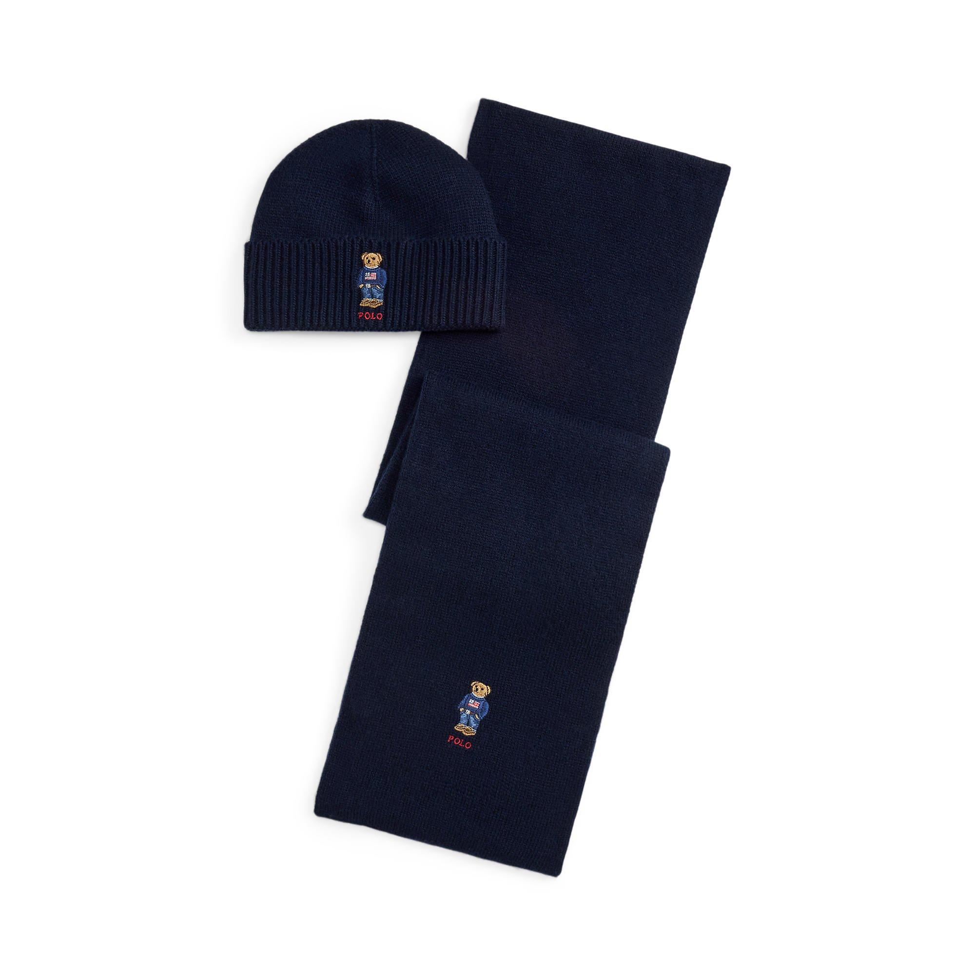 Polo Ralph Lauren Wool Blend Bear Scarf and Beanie Gift Box Winter Set - Hunter Navy