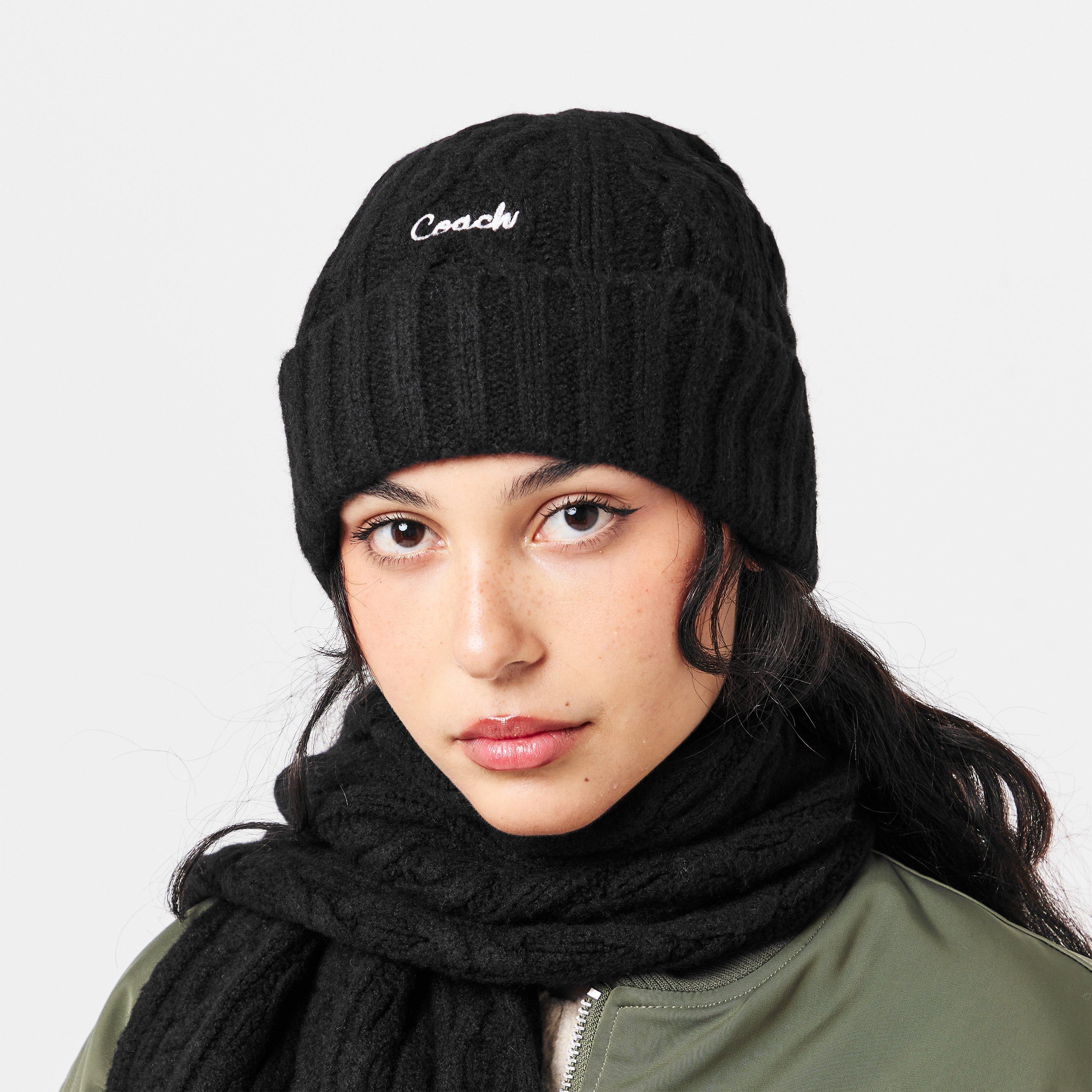 BLACK - Coach - Women's Embroidered Cable Knitted Beanie - 3