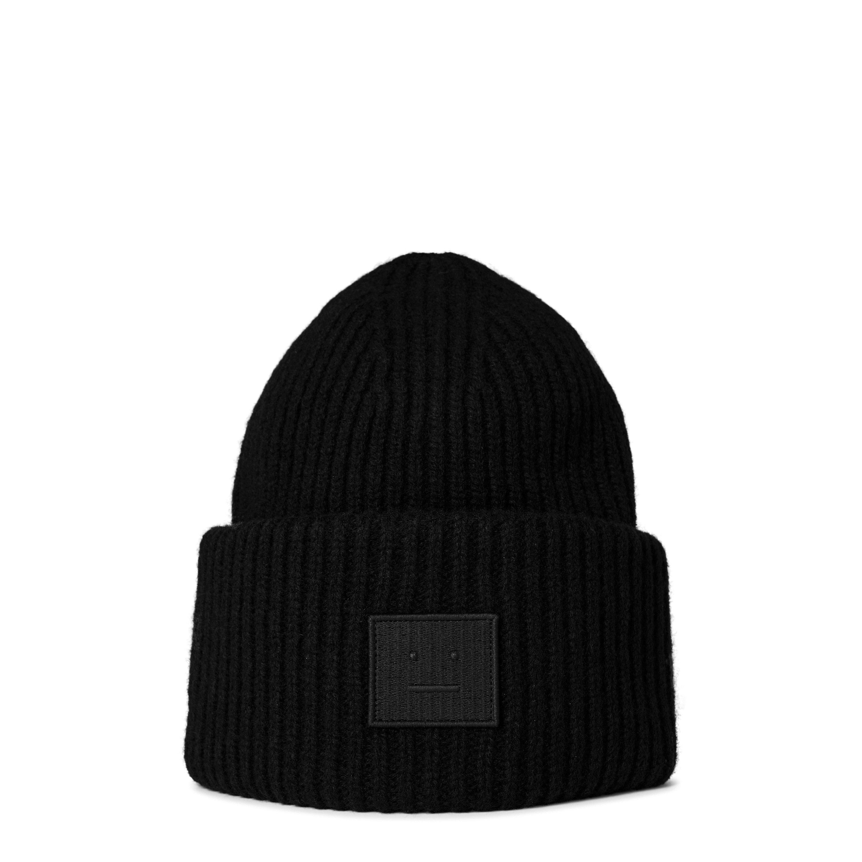 ?Acne Studio Adult Pansy Face Patch Ribbed Wool Black Chunky knit Beanie Hat OS Acne Studios Pansy is a ribbed wool beanie hat with an  main image 3
