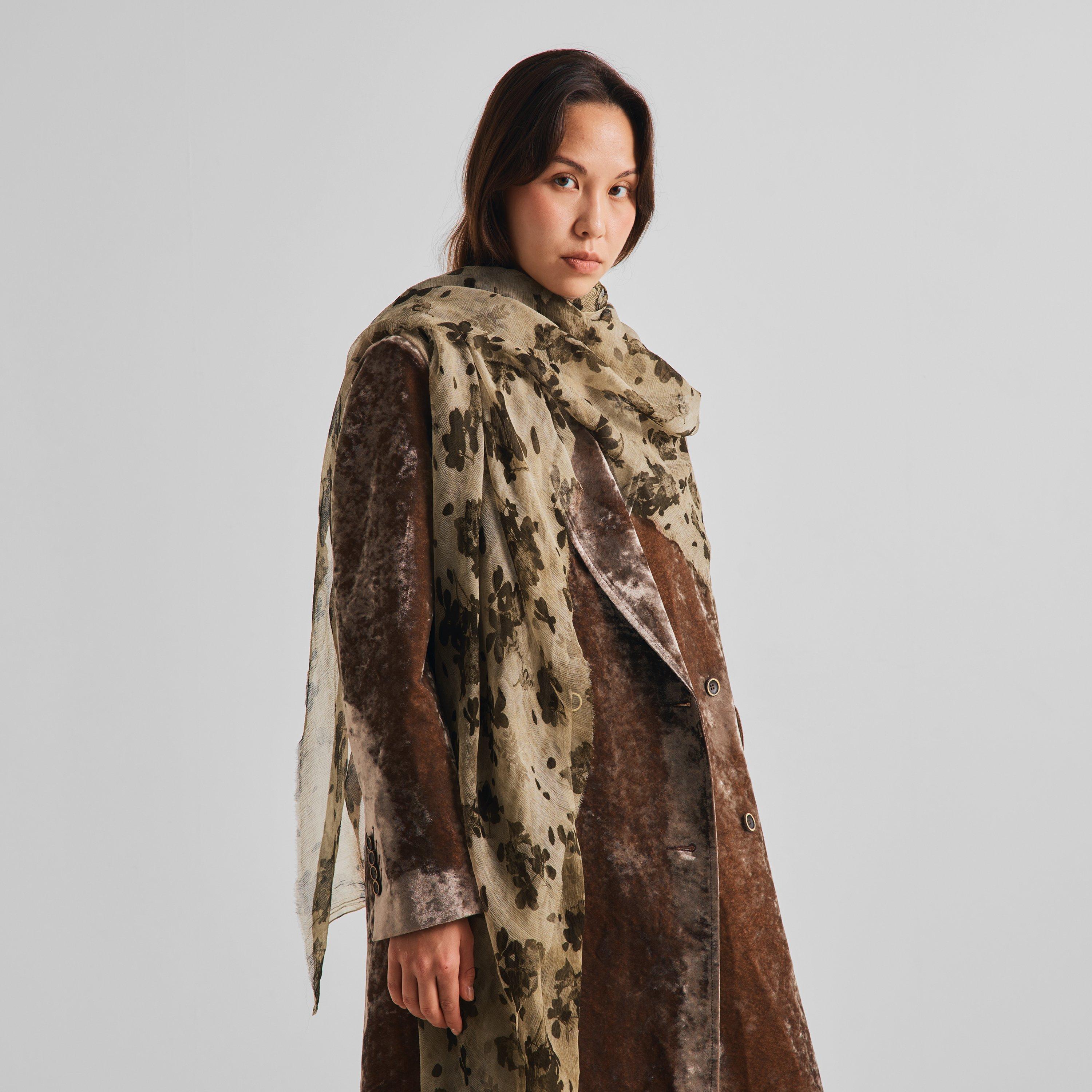 Tan/Brown - Uma Wang - Women's Floral Silk Scarf - 3