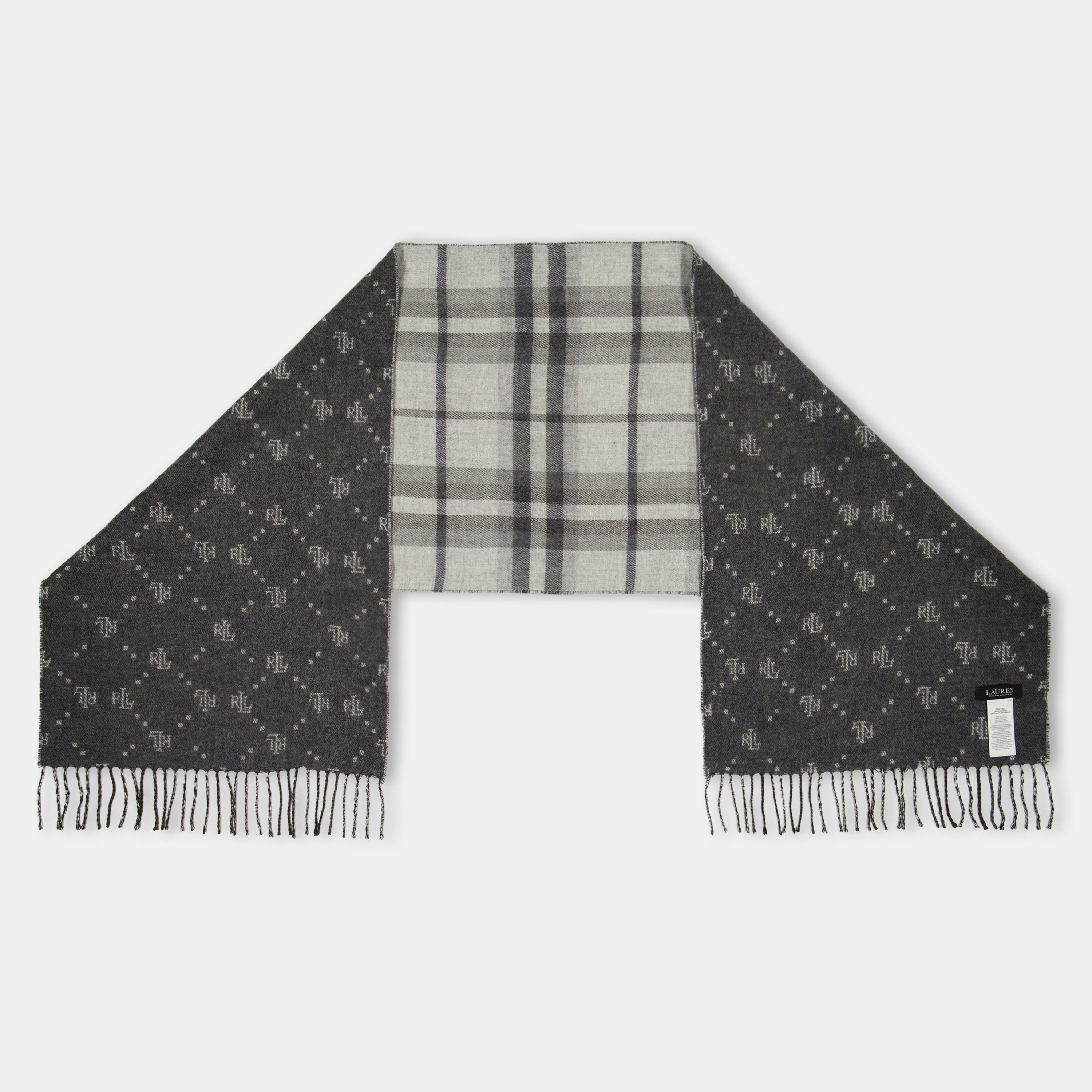 Grey - Lauren by Ralph Lauren - Women's Real Leather Logo Midweight Scarf - 2